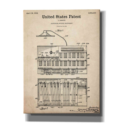 Image of 'Keyboard Instrument Blueprint Patent Parchment,' Canvas Wall Art,12x16x1.1x0,18x26x1.1x0,26x34x1.74x0,40x54x1.74x0