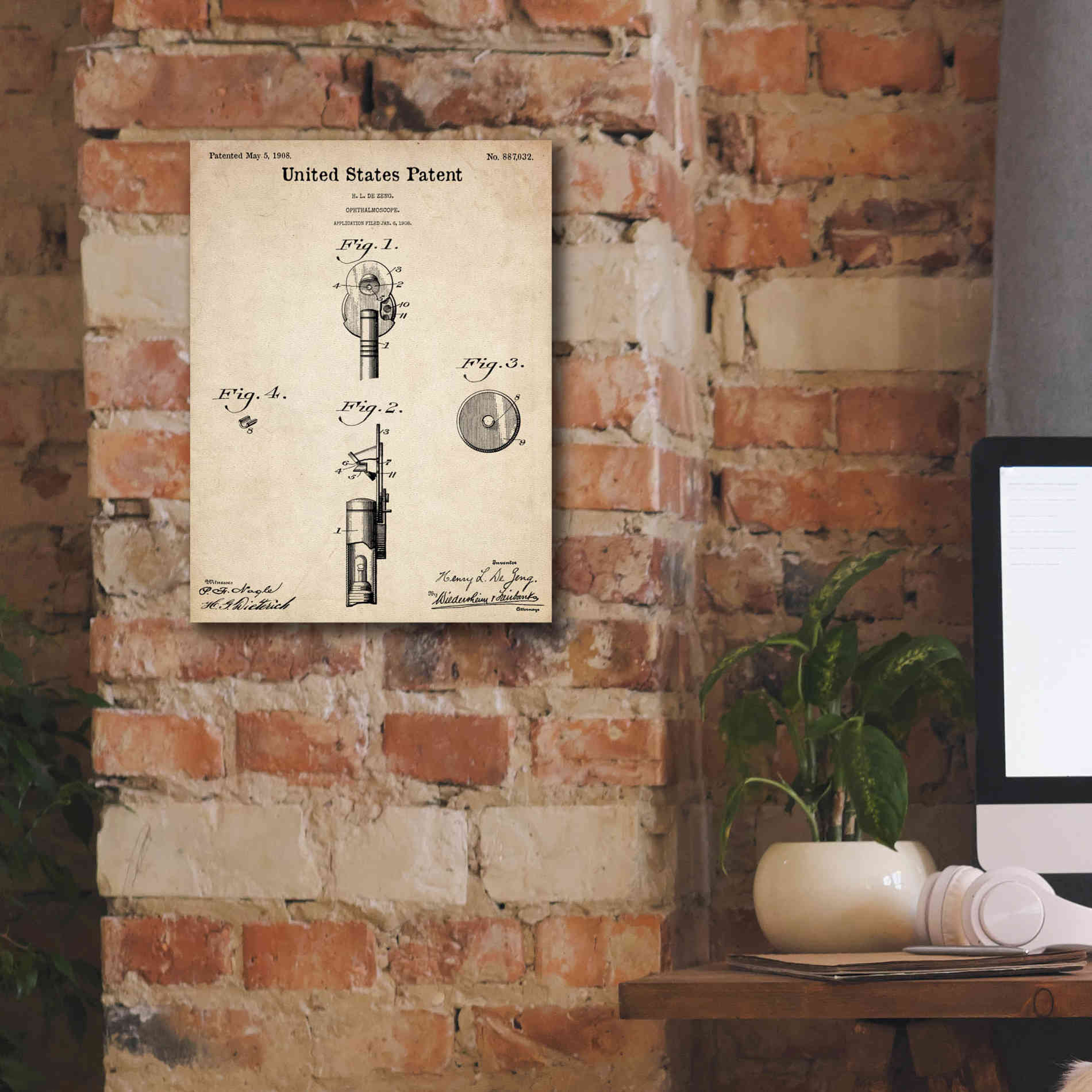 'Ophthalmoscope Blueprint Patent Parchment,' Canvas Wall Art,12 x 16