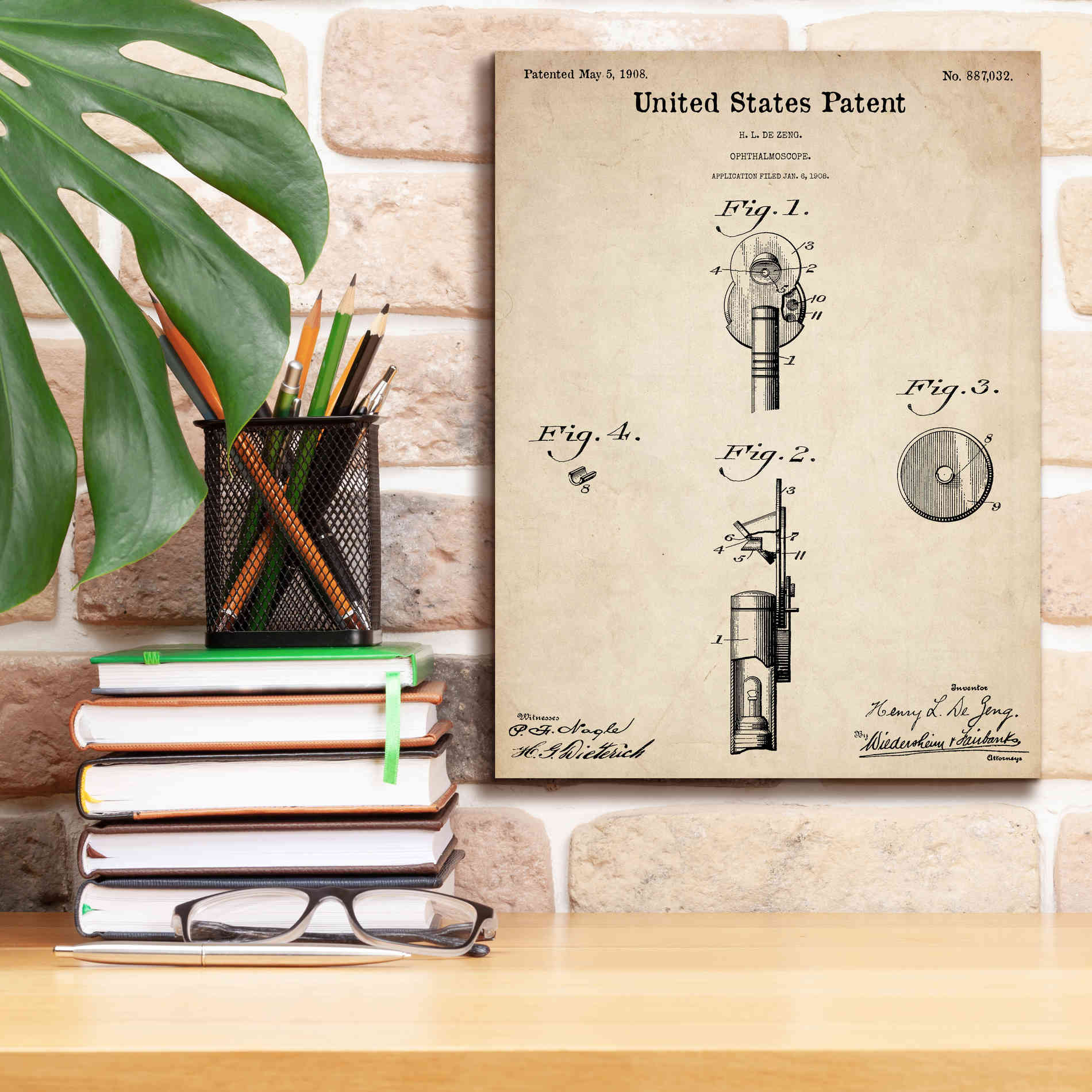 'Ophthalmoscope Blueprint Patent Parchment,' Canvas Wall Art,12 x 16