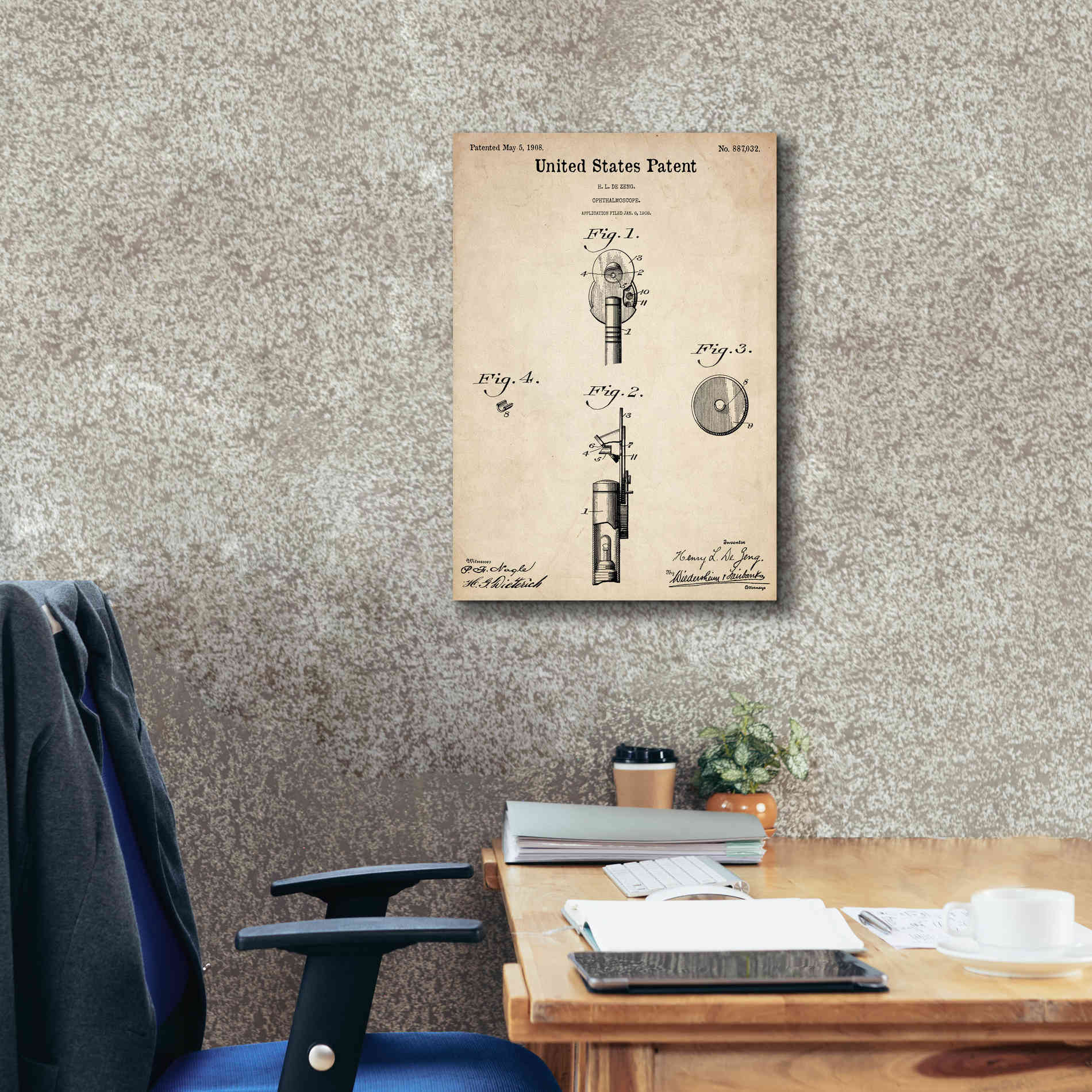 'Ophthalmoscope Blueprint Patent Parchment,' Canvas Wall Art,18 x 26
