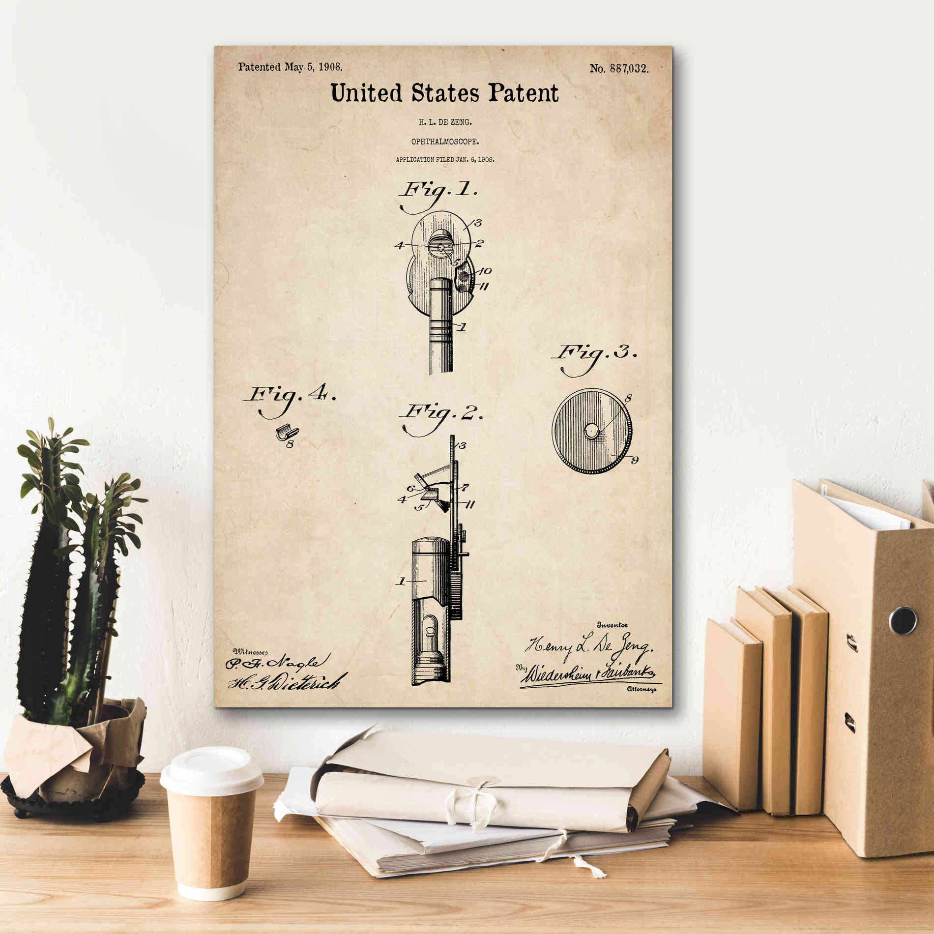 'Ophthalmoscope Blueprint Patent Parchment,' Canvas Wall Art,18 x 26