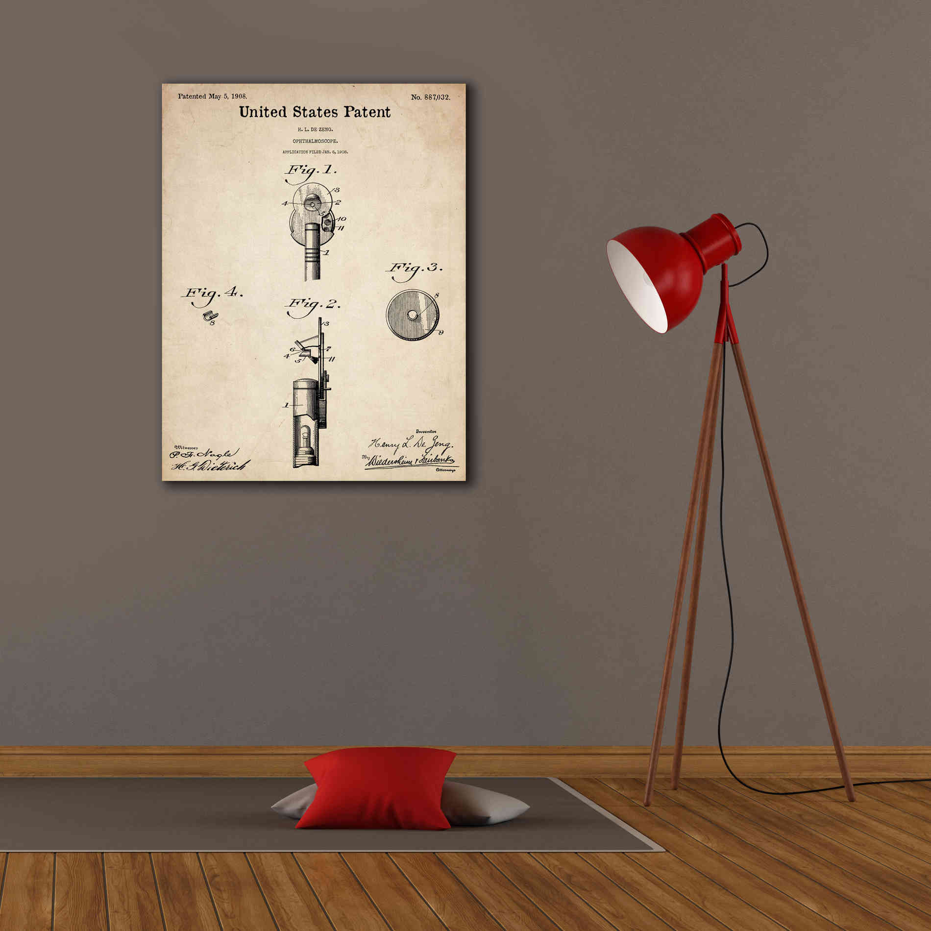 'Ophthalmoscope Blueprint Patent Parchment,' Canvas Wall Art,26 x 34