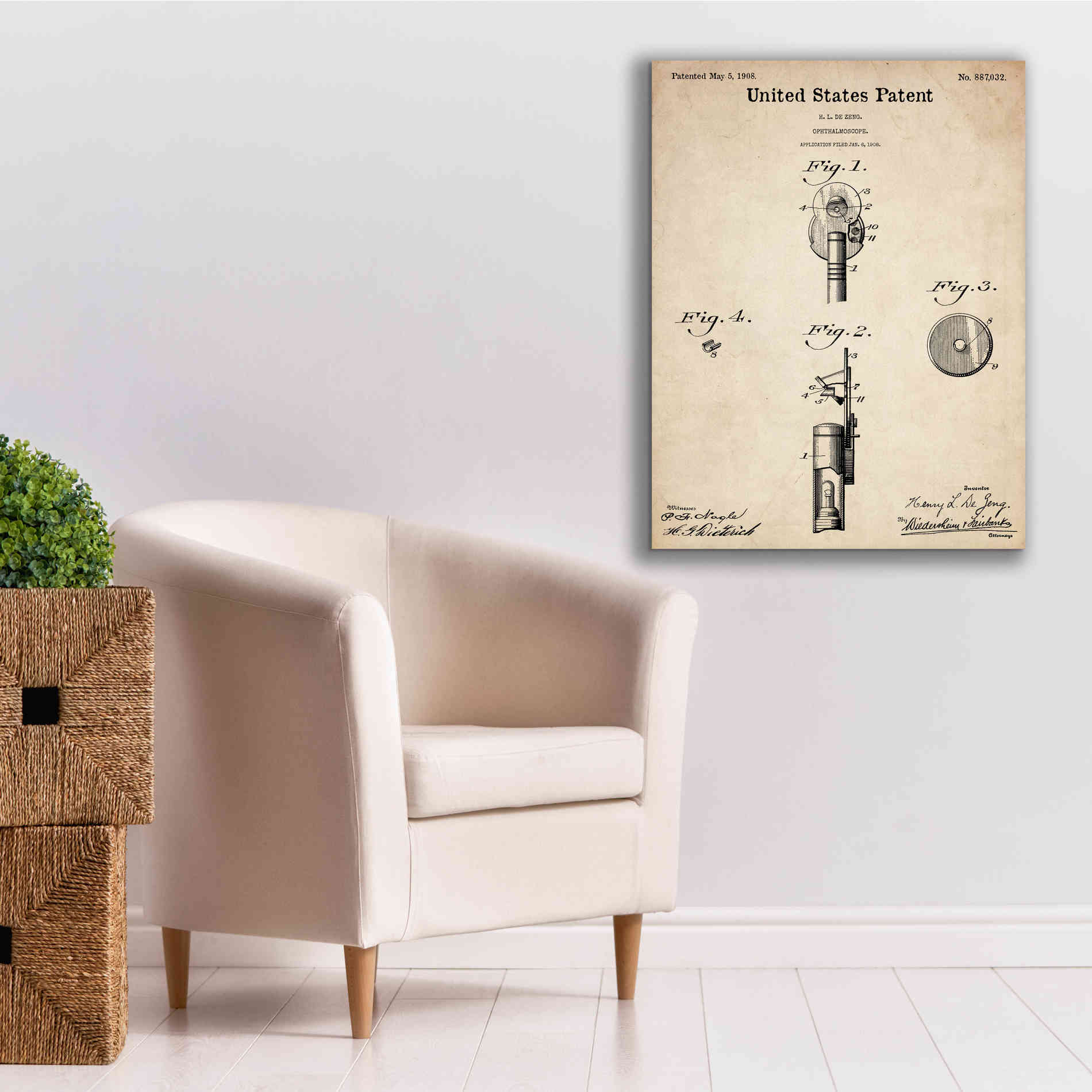 'Ophthalmoscope Blueprint Patent Parchment,' Canvas Wall Art,26 x 34