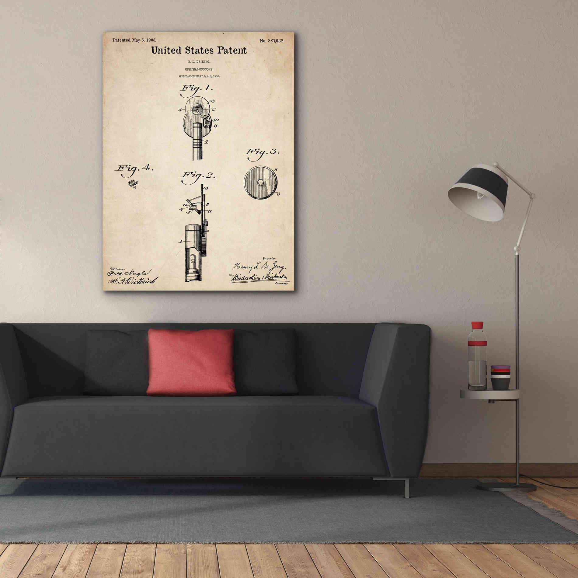 'Ophthalmoscope Blueprint Patent Parchment,' Canvas Wall Art,40 x 54