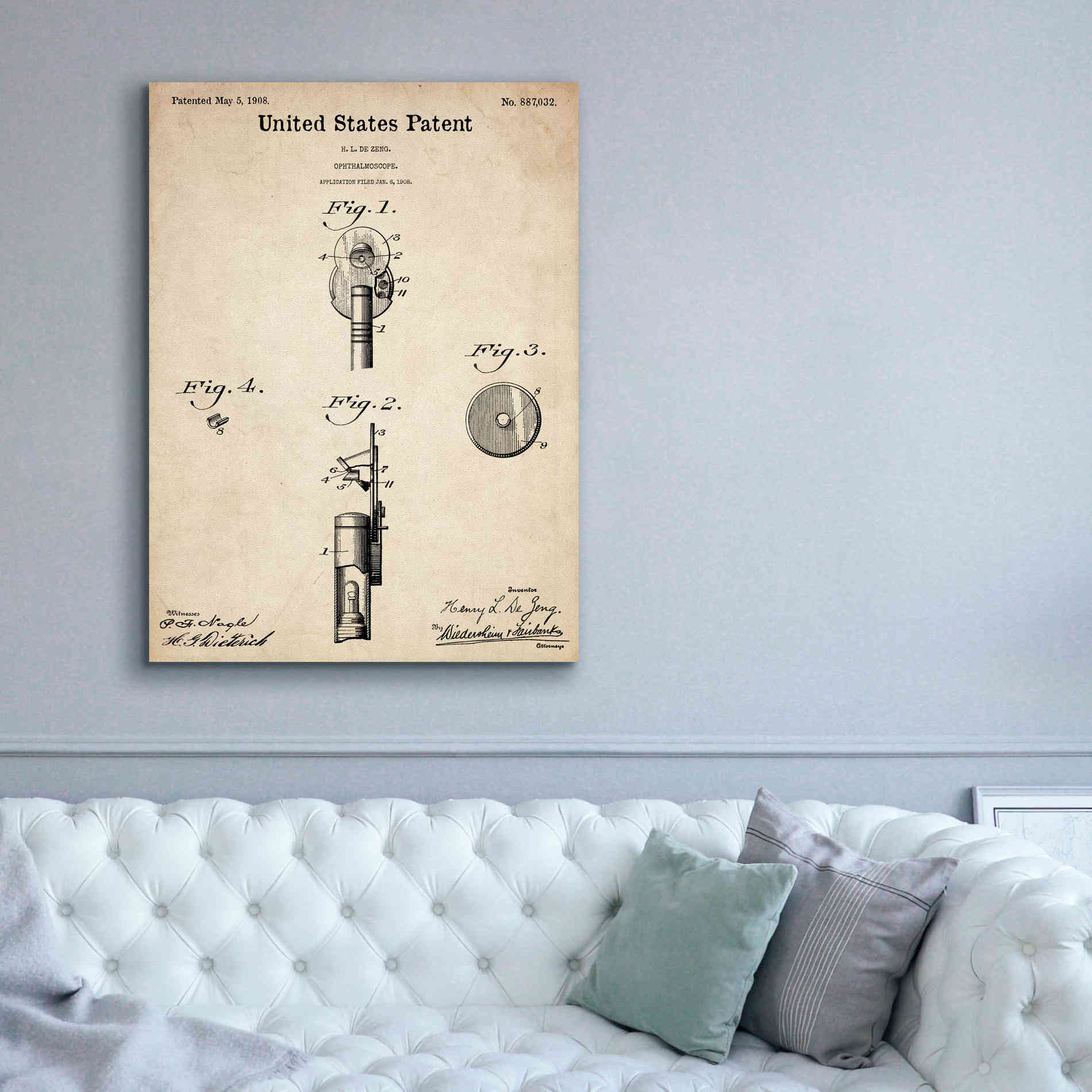 'Ophthalmoscope Blueprint Patent Parchment,' Canvas Wall Art,40 x 54