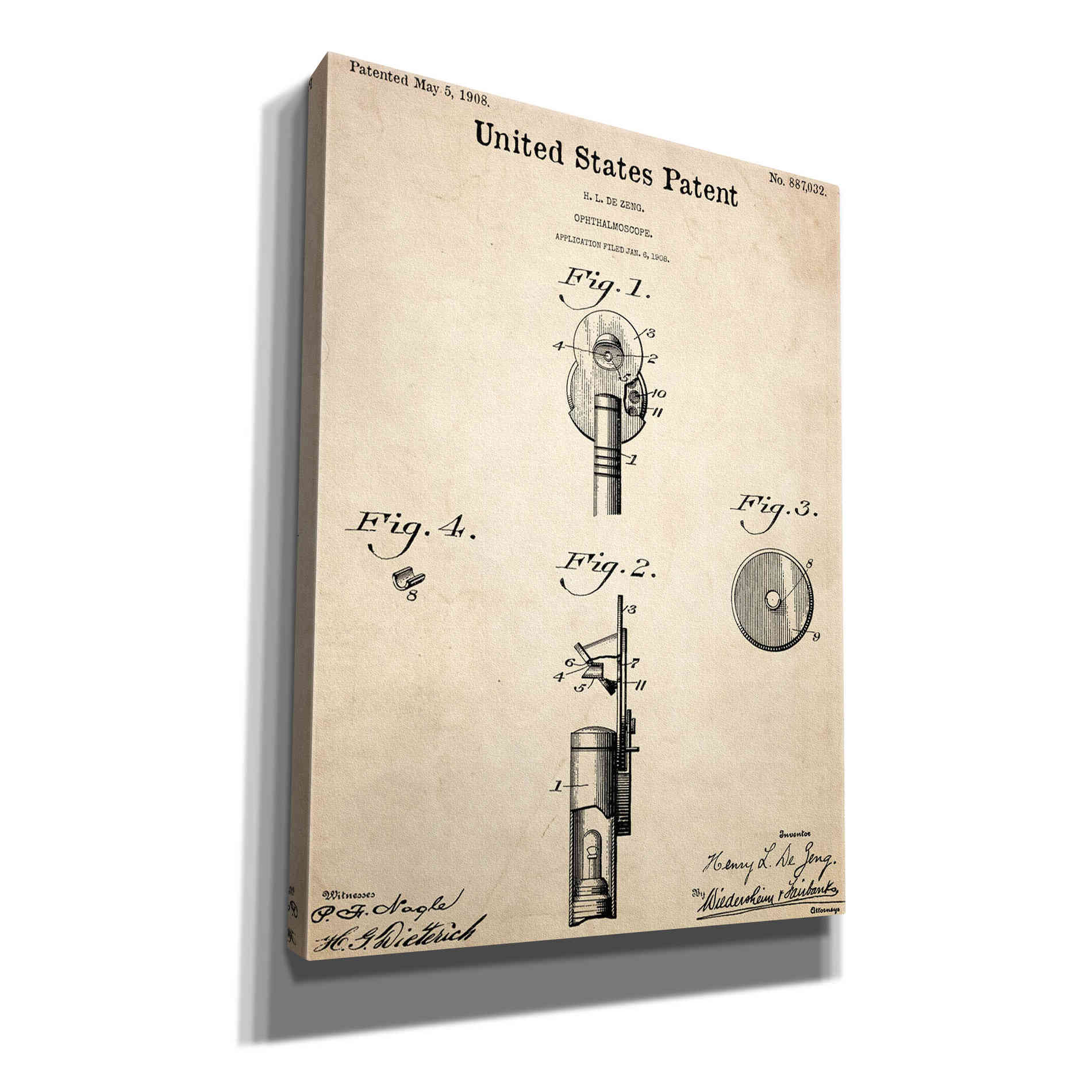'Ophthalmoscope Blueprint Patent Parchment,' Canvas Wall Art,12x16x1.1x0,18x26x1.1x0,26x34x1.74x0,40x54x1.74x0