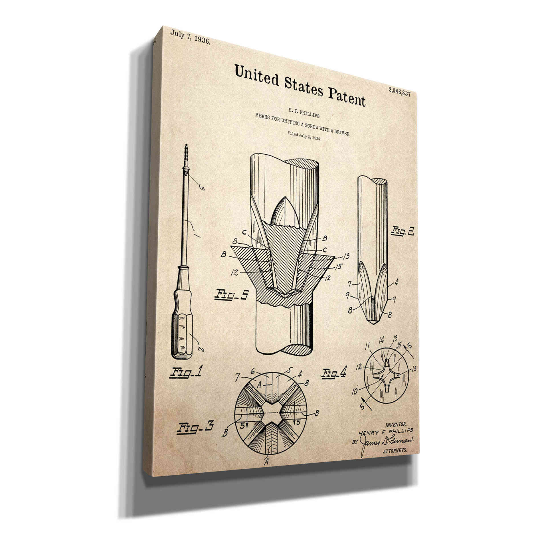 'Screw Driver Blueprint Patent Parchment,' Canvas Wall Art,12x16x1.1x0,18x26x1.1x0,26x34x1.74x0,40x54x1.74x0
