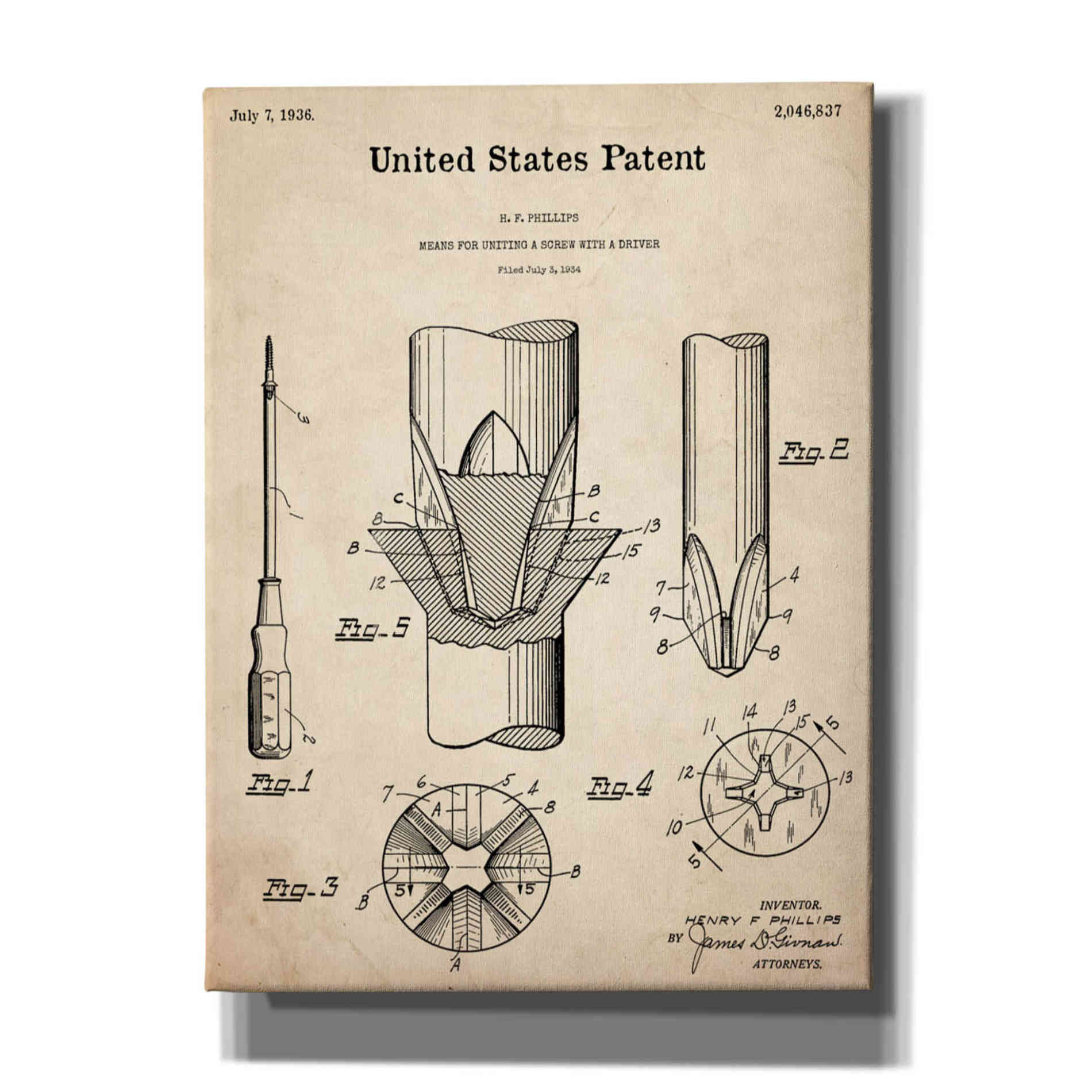 'Screw Driver Blueprint Patent Parchment,' Canvas Wall Art,12x16x1.1x0,18x26x1.1x0,26x34x1.74x0,40x54x1.74x0