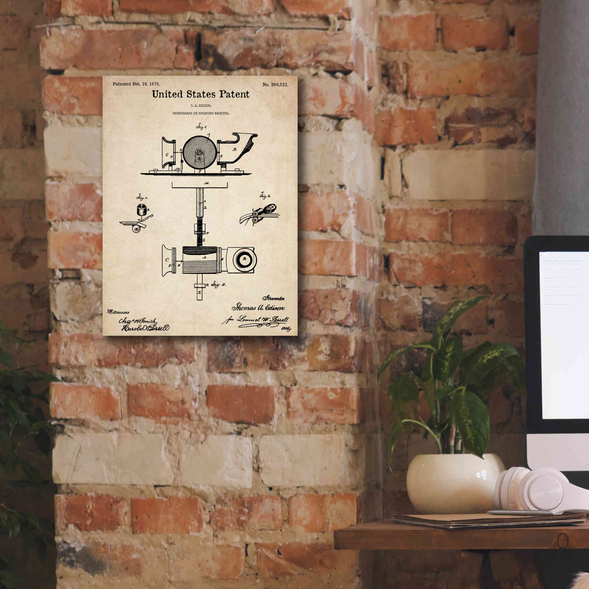 'Phonograph Blueprint Patent Parchment,' Canvas Wall Art,12 x 16