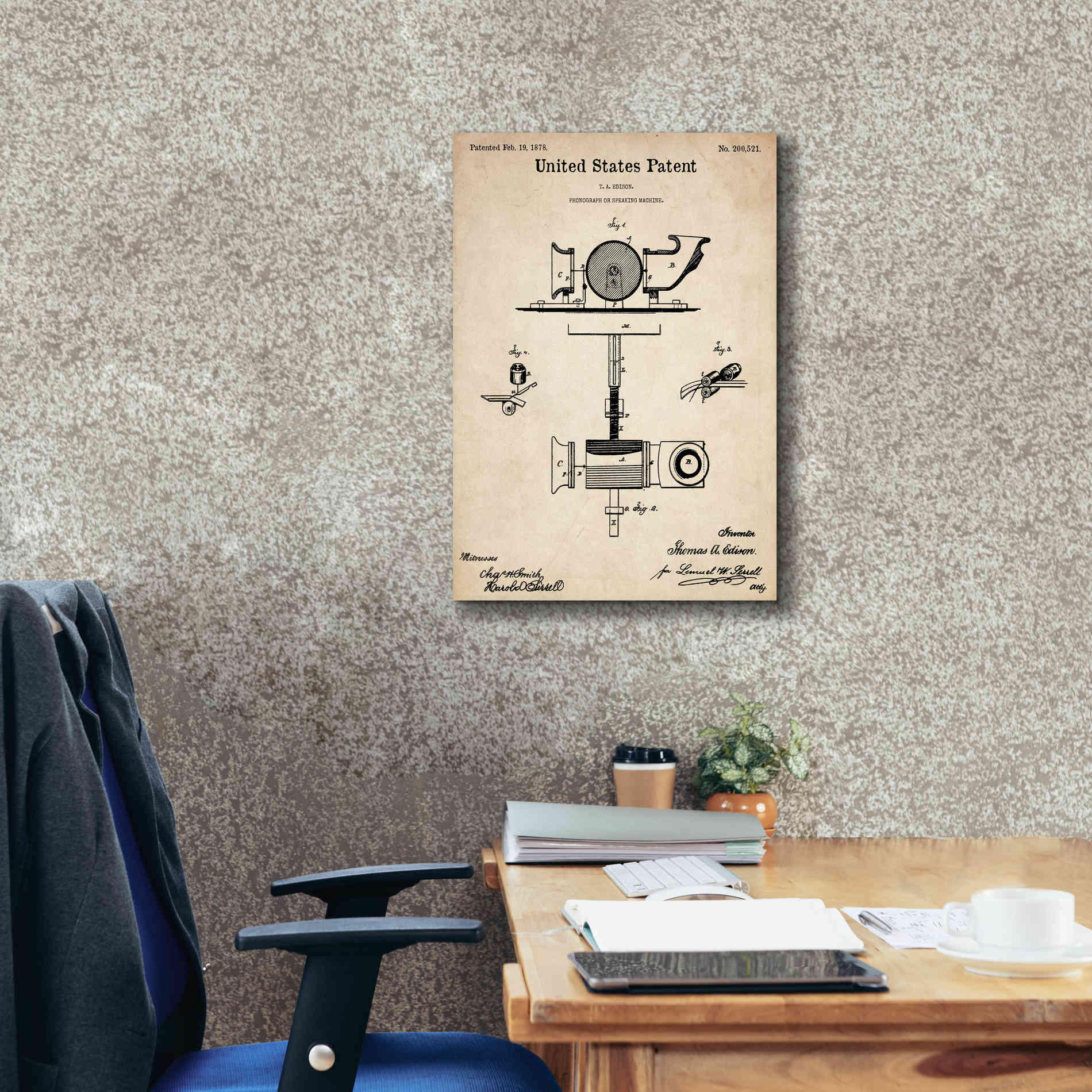 'Phonograph Blueprint Patent Parchment,' Canvas Wall Art,18 x 26