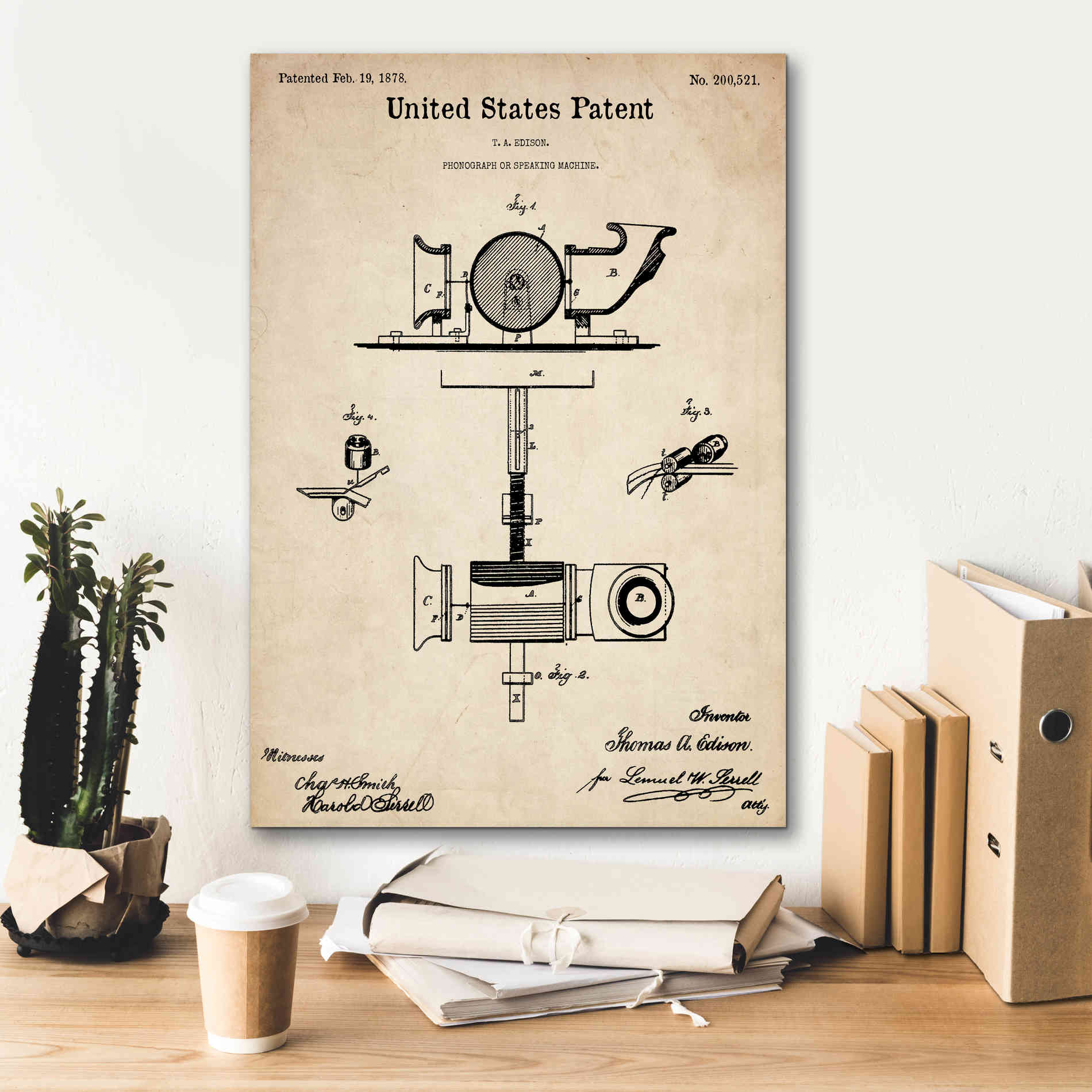 'Phonograph Blueprint Patent Parchment,' Canvas Wall Art,18 x 26