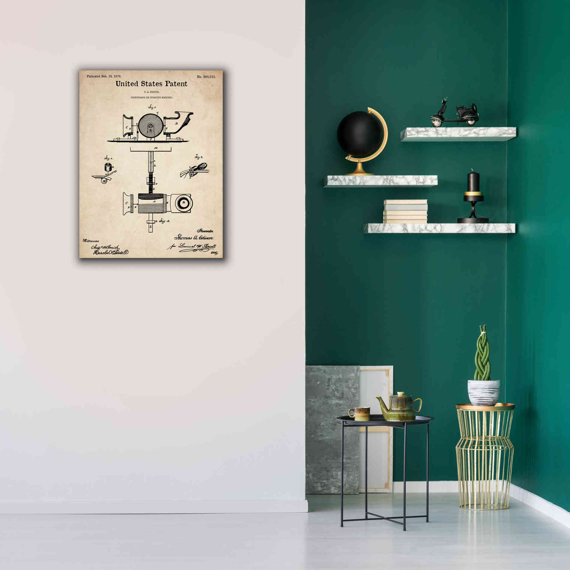 'Phonograph Blueprint Patent Parchment,' Canvas Wall Art,26 x 34