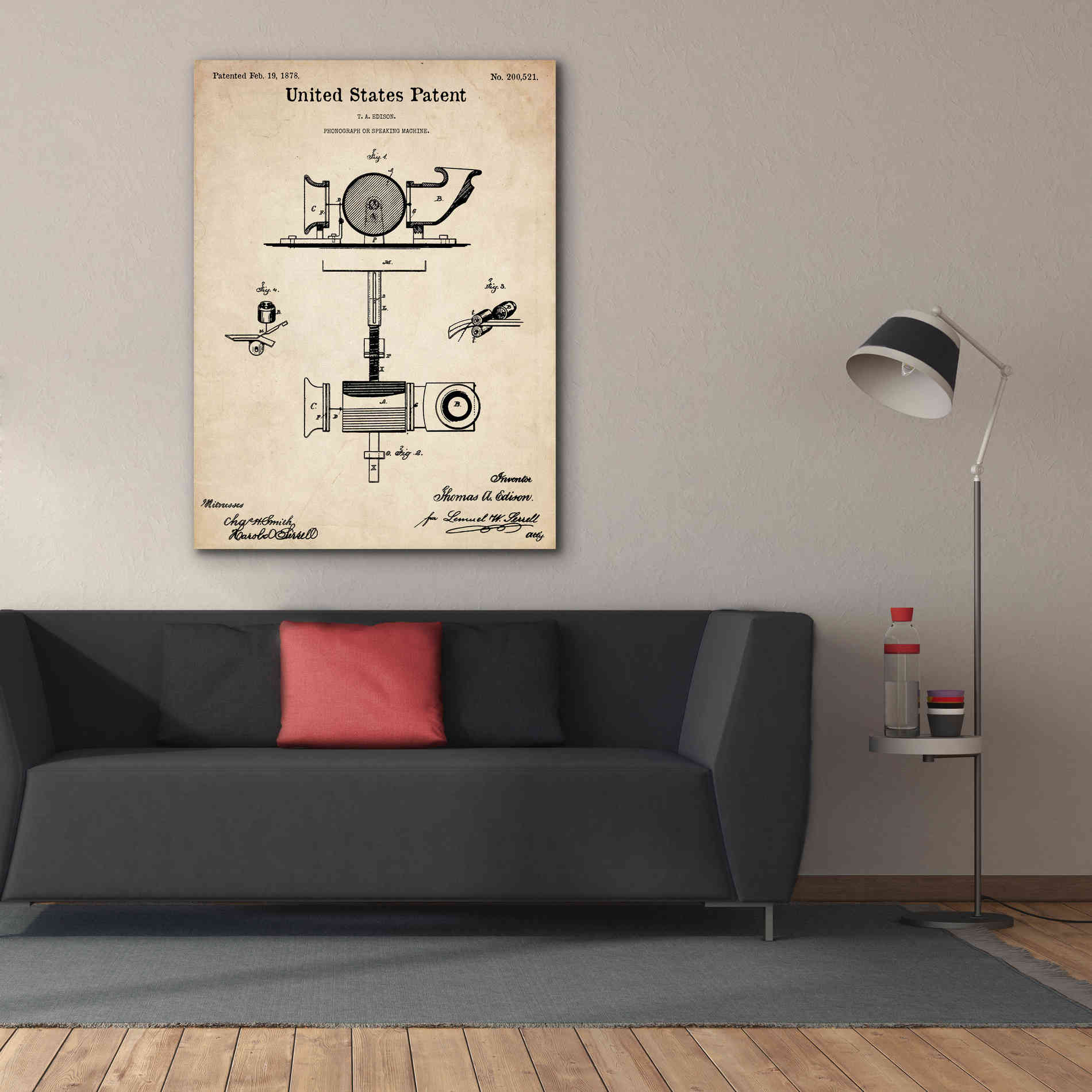 'Phonograph Blueprint Patent Parchment,' Canvas Wall Art,40 x 54