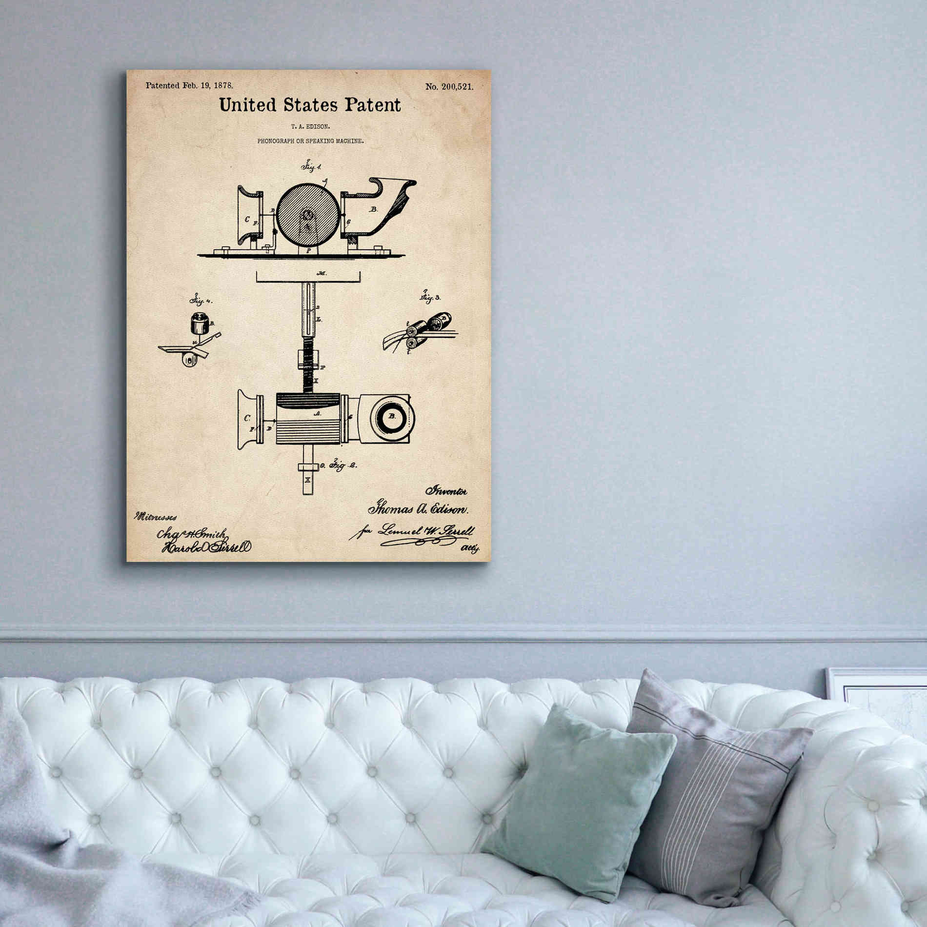 'Phonograph Blueprint Patent Parchment,' Canvas Wall Art,40 x 54