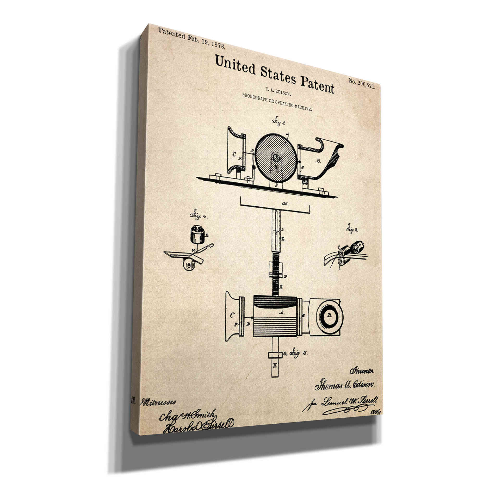 'Phonograph Blueprint Patent Parchment,' Canvas Wall Art,12x16x1.1x0,18x26x1.1x0,26x34x1.74x0,40x54x1.74x0