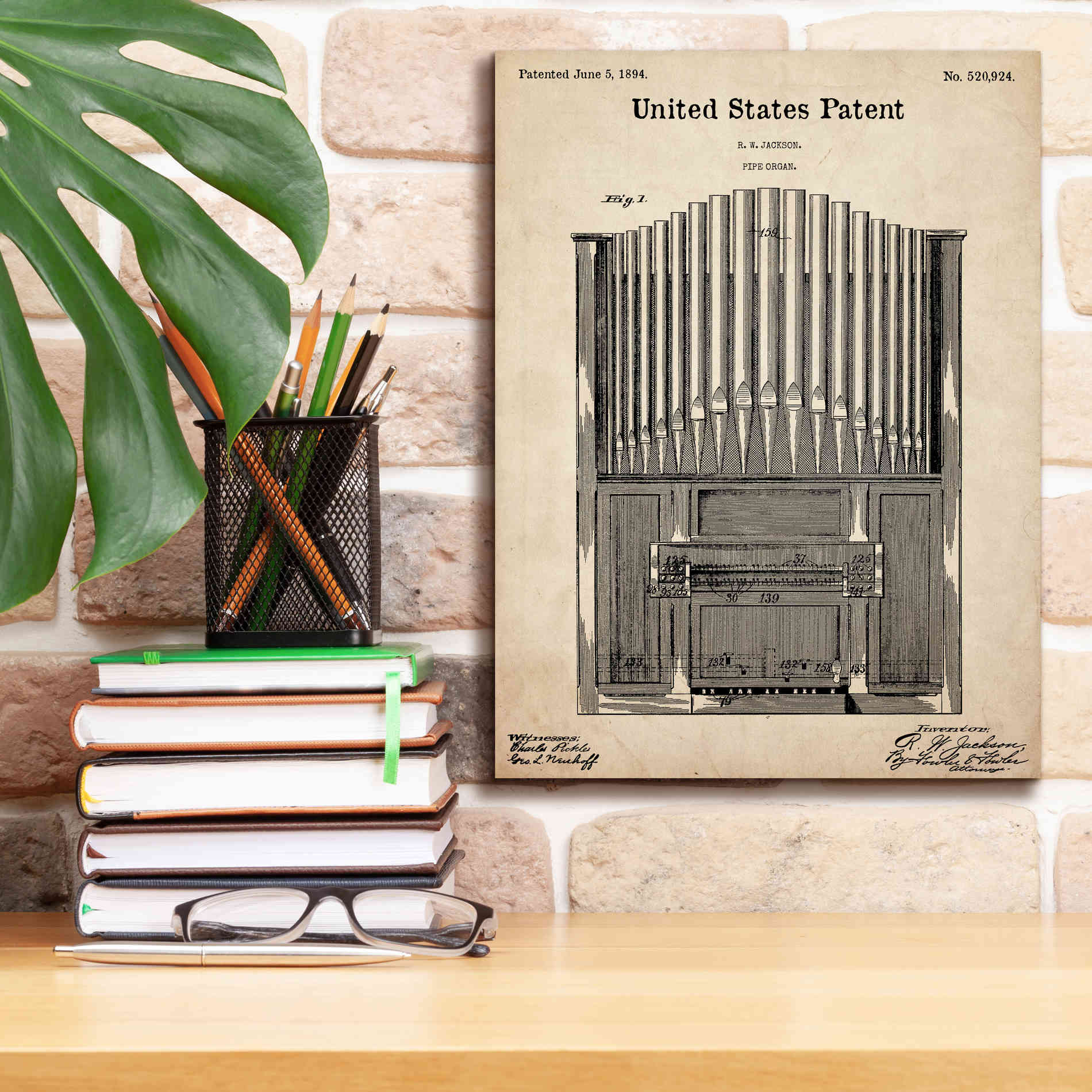 'Pipe Organ Blueprint Patent Parchment,' Canvas Wall Art,12 x 16
