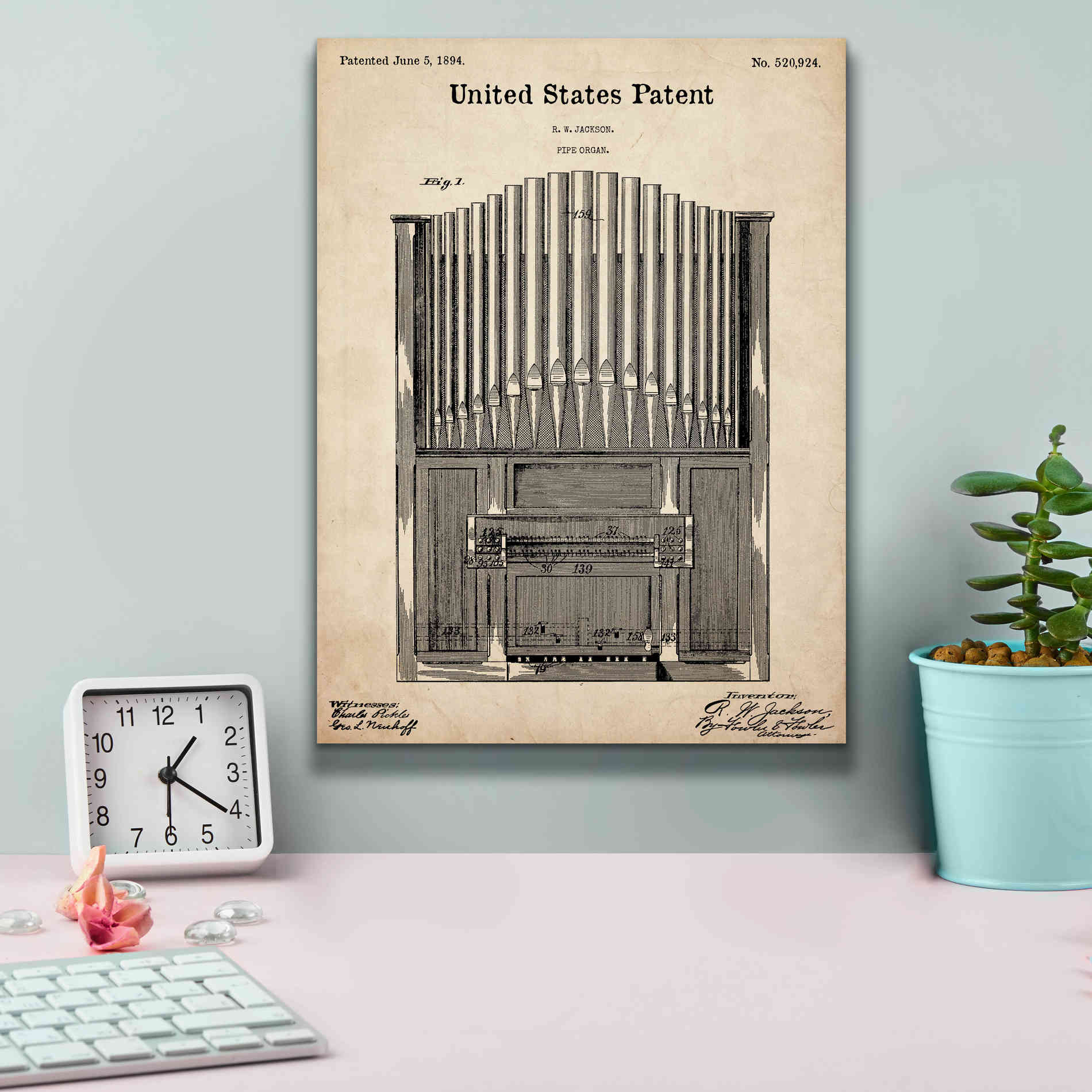 'Pipe Organ Blueprint Patent Parchment,' Canvas Wall Art,12 x 16