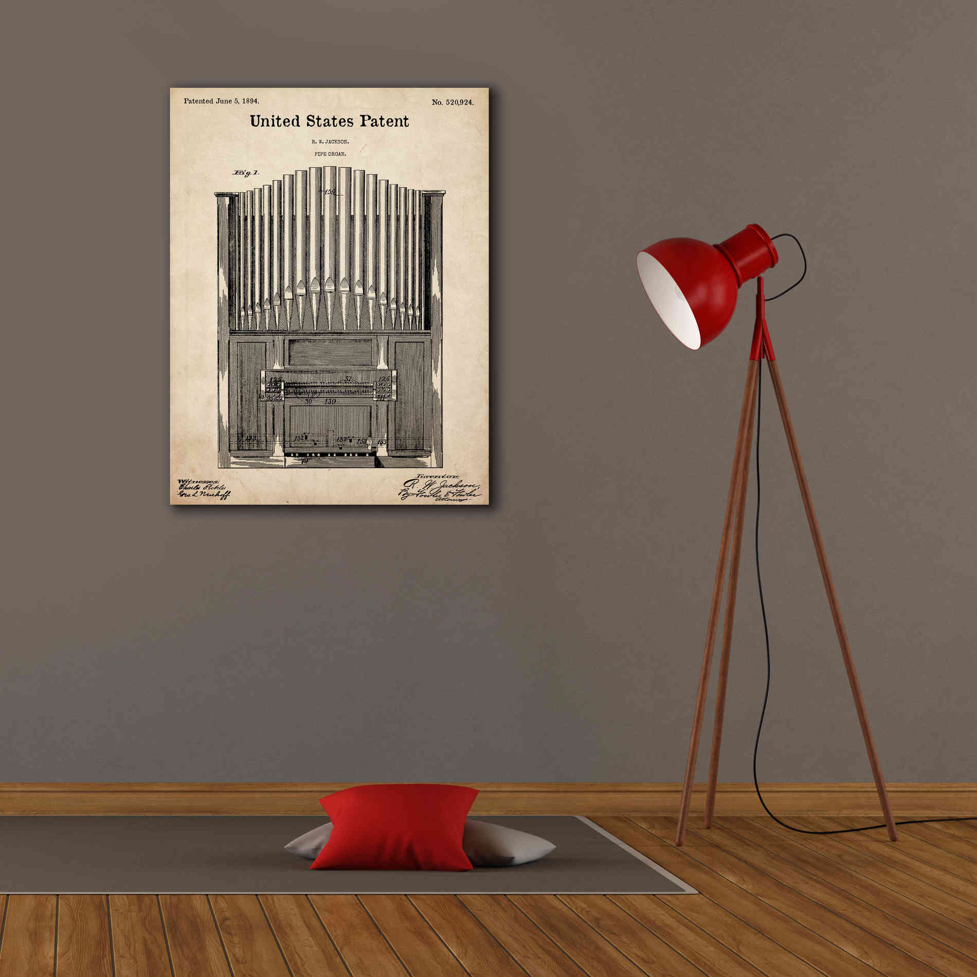'Pipe Organ Blueprint Patent Parchment,' Canvas Wall Art,26 x 34