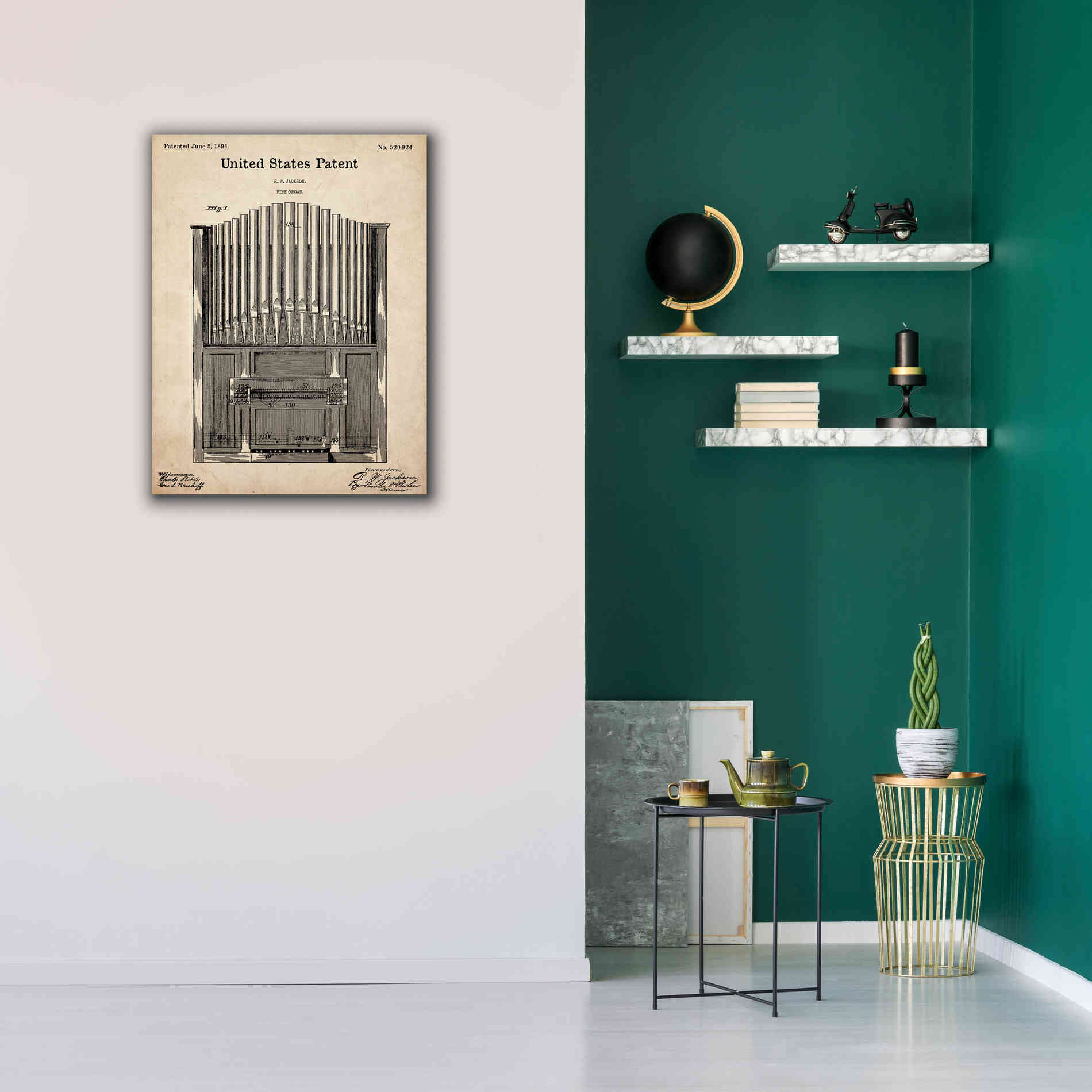 'Pipe Organ Blueprint Patent Parchment,' Canvas Wall Art,26 x 34