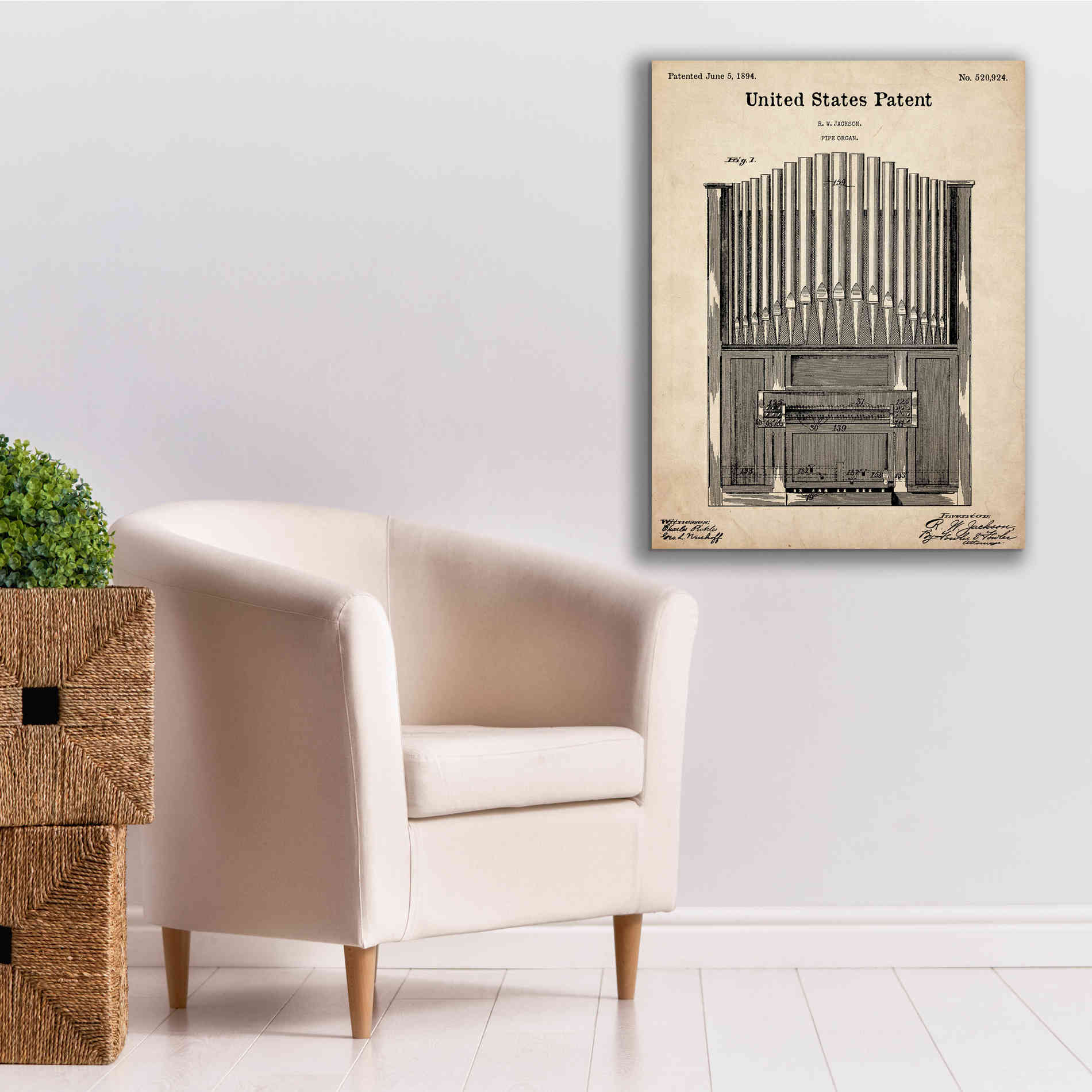'Pipe Organ Blueprint Patent Parchment,' Canvas Wall Art,26 x 34