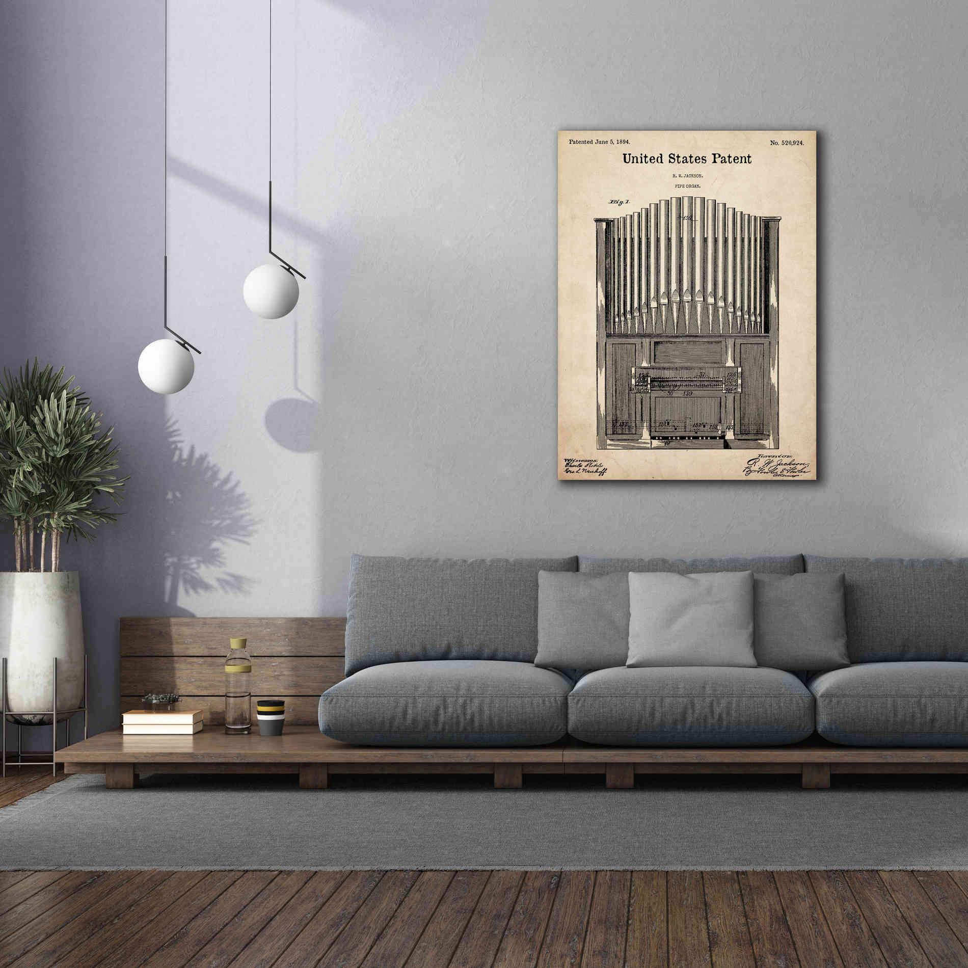 'Pipe Organ Blueprint Patent Parchment,' Canvas Wall Art,40 x 54