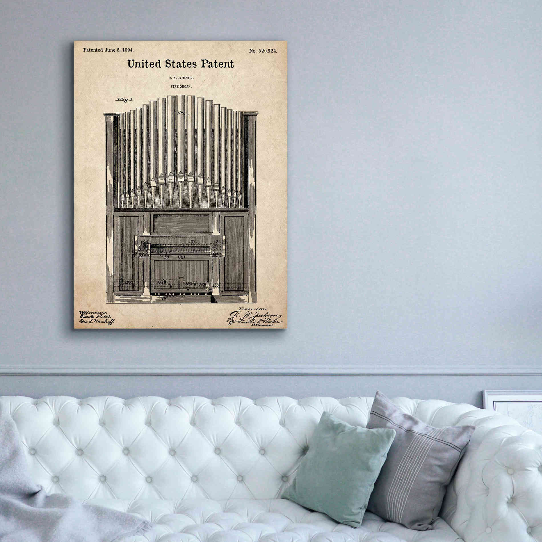 'Pipe Organ Blueprint Patent Parchment,' Canvas Wall Art,40 x 54