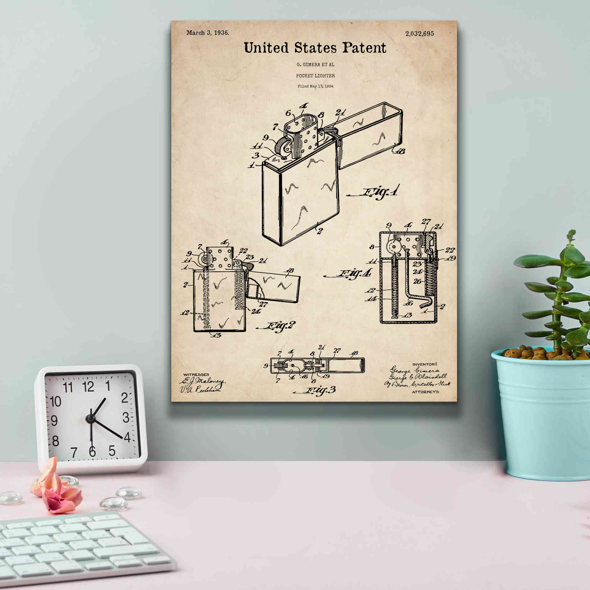 'Pocket Lighter Blueprint Patent Parchment,' Canvas Wall Art,12 x 16