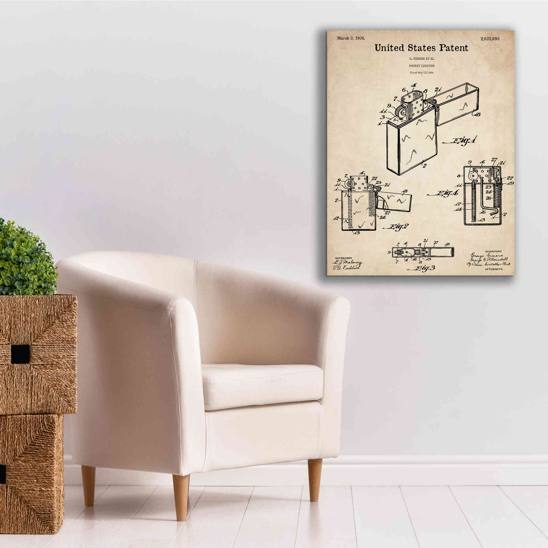 'Pocket Lighter Blueprint Patent Parchment,' Canvas Wall Art,26 x 34