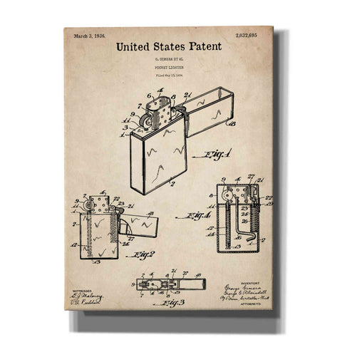 Image of 'Pocket Lighter Blueprint Patent Parchment,' Canvas Wall Art,12x16x1.1x0,18x26x1.1x0,26x34x1.74x0,40x54x1.74x0