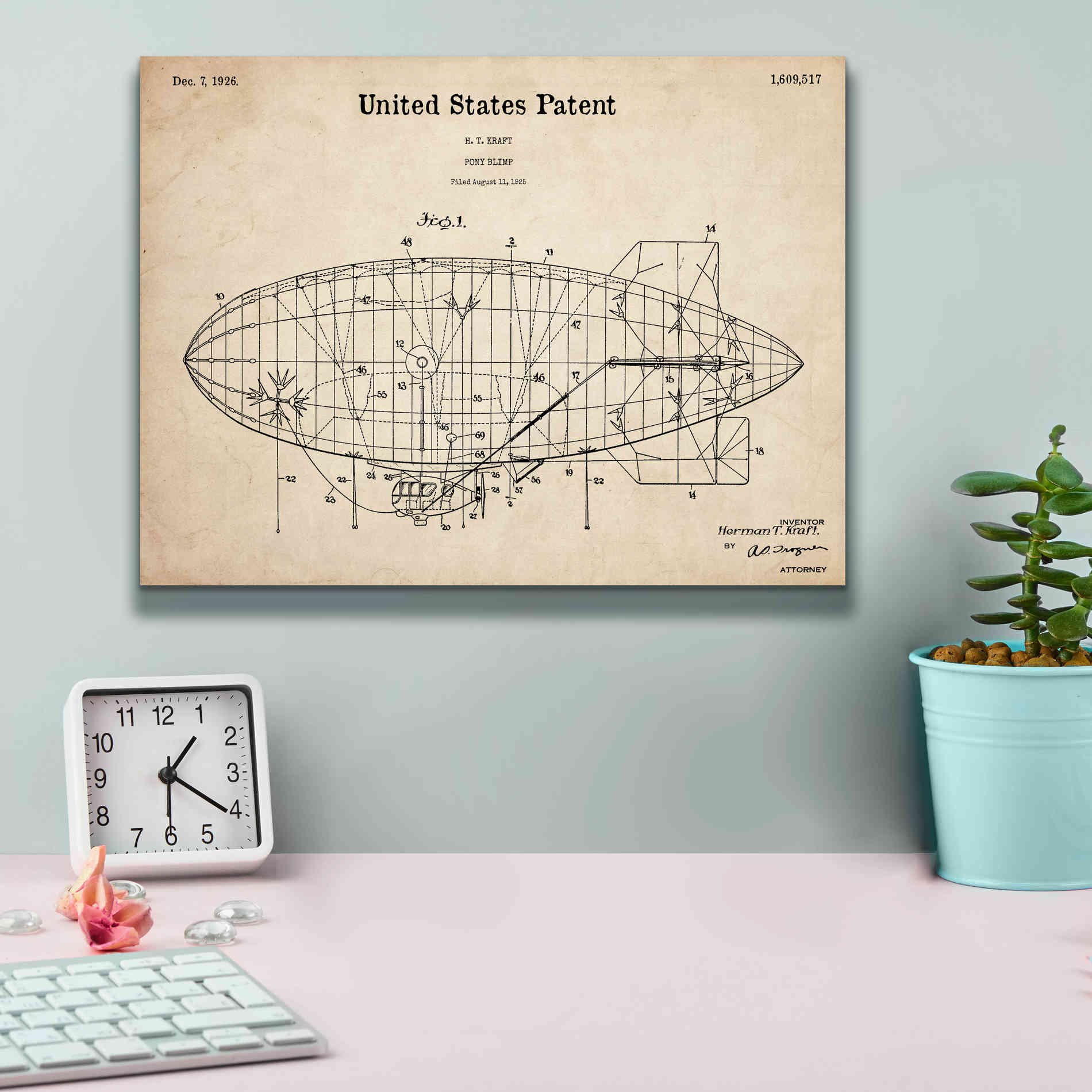 'Pony Blimp Blueprint Patent Parchment,' Canvas Wall Art,16 x 12