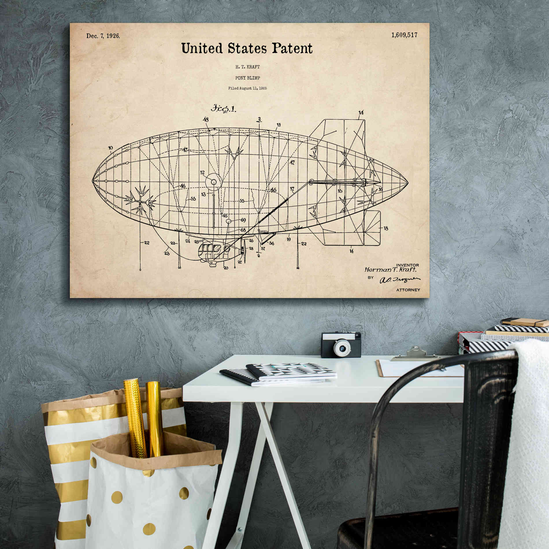 'Pony Blimp Blueprint Patent Parchment,' Canvas Wall Art,34 x 26