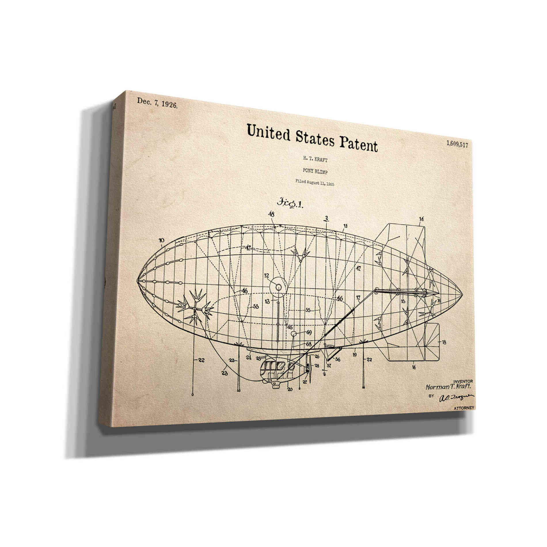 'Pony Blimp Blueprint Patent Parchment,' Canvas Wall Art,16x12x1.1x0,26x18x1.1x0,34x26x1.74x0,54x40x1.74x0