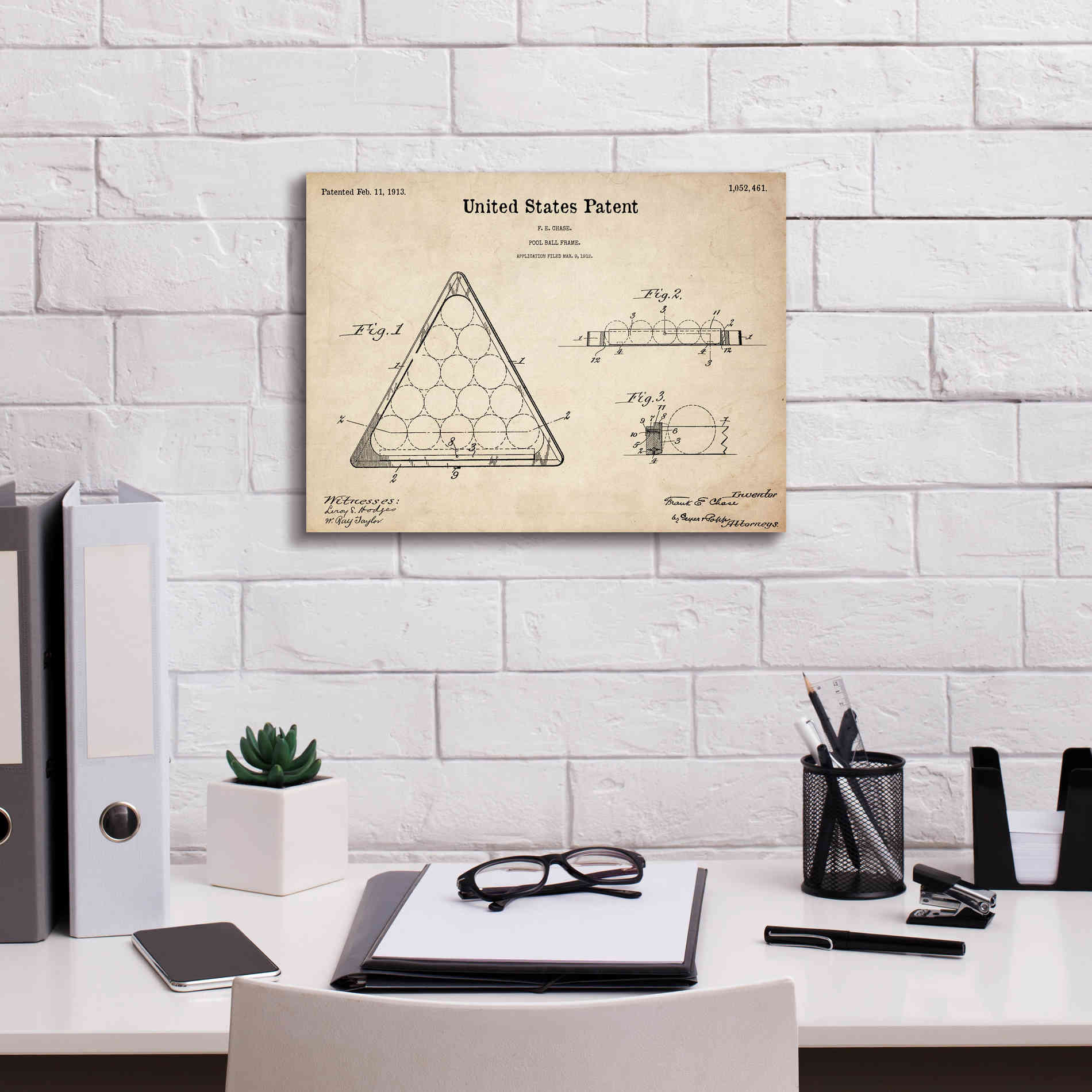 'Pool Ball Frame Blueprint Patent Parchment,' Canvas Wall Art,16 x 12