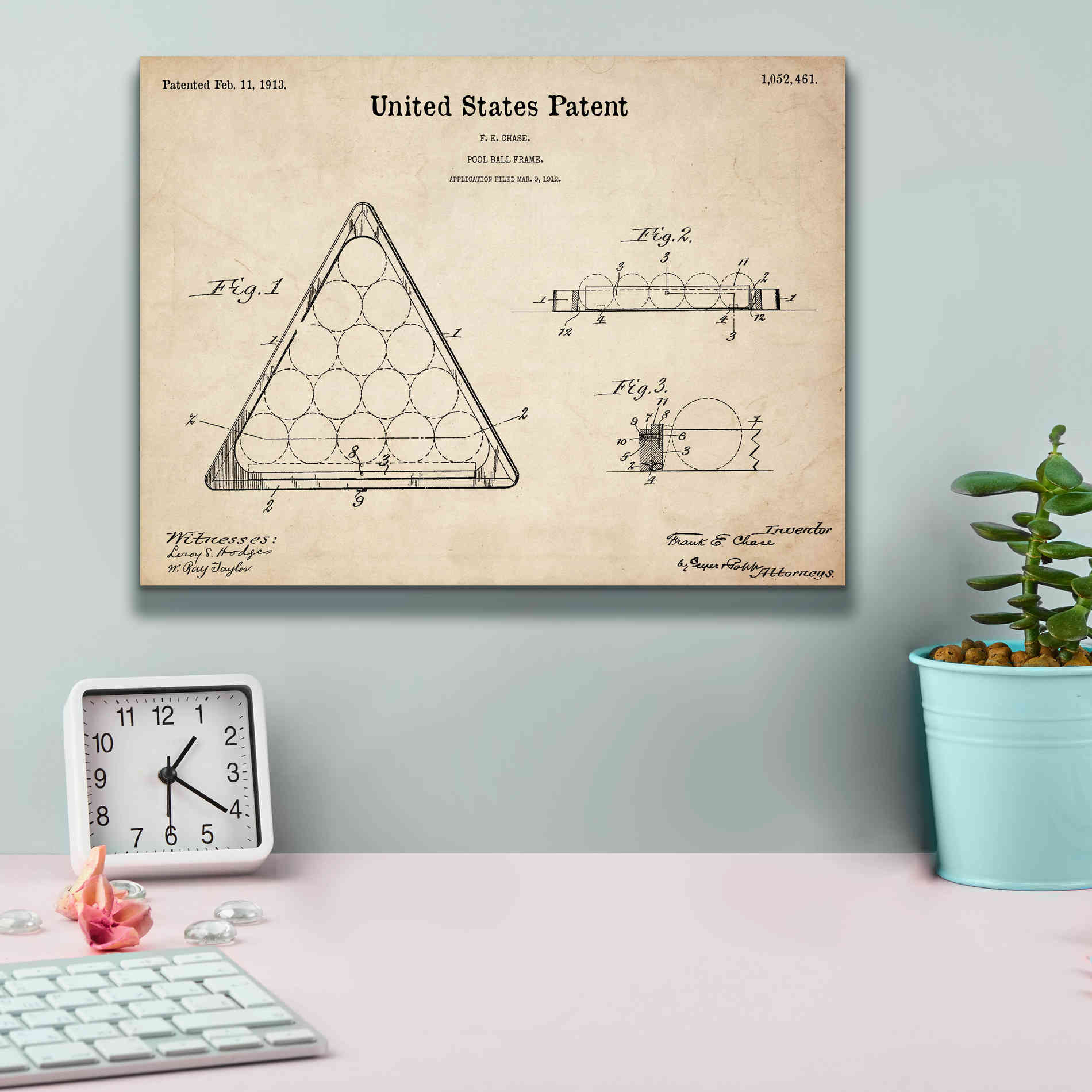 'Pool Ball Frame Blueprint Patent Parchment,' Canvas Wall Art,16 x 12