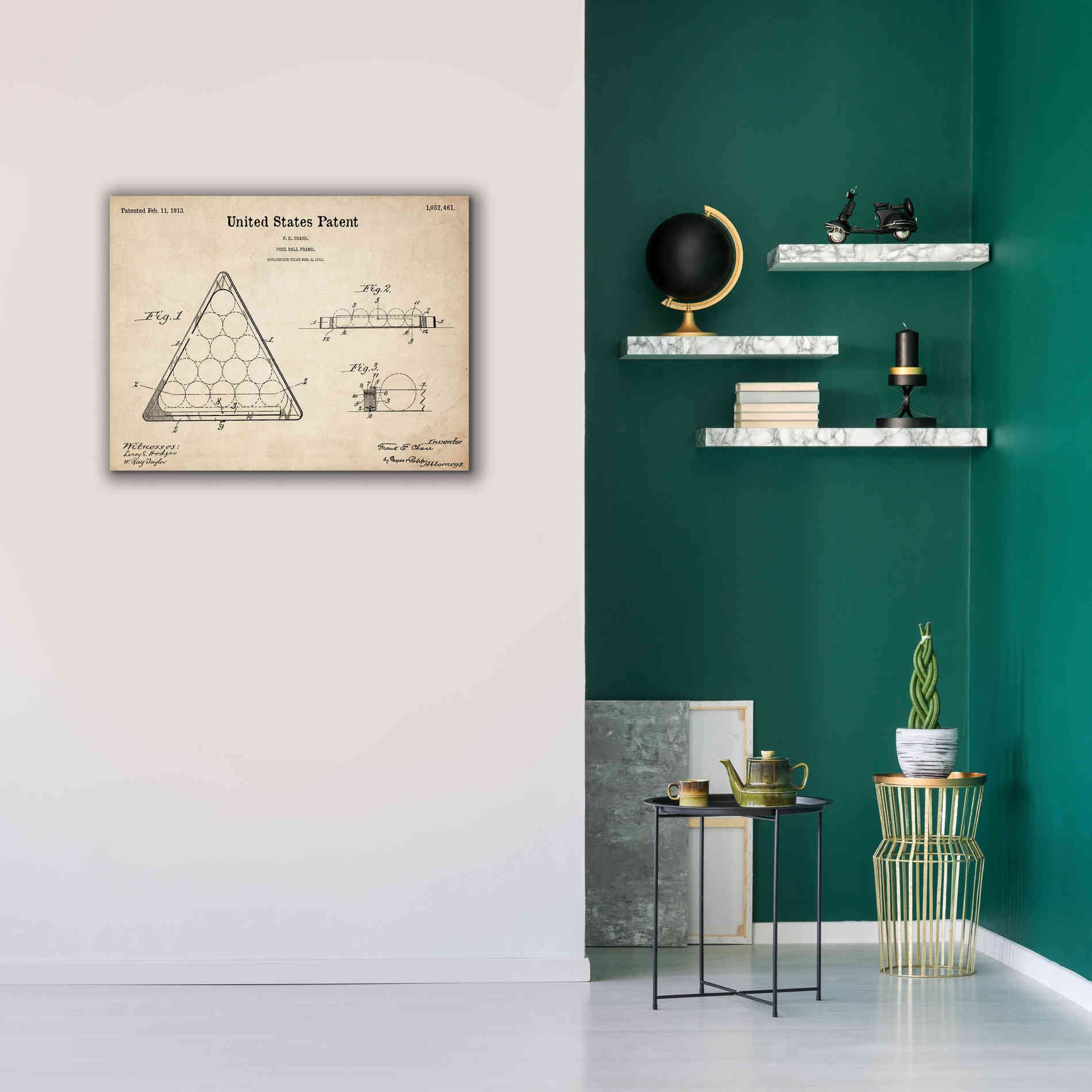 'Pool Ball Frame Blueprint Patent Parchment,' Canvas Wall Art,34 x 26