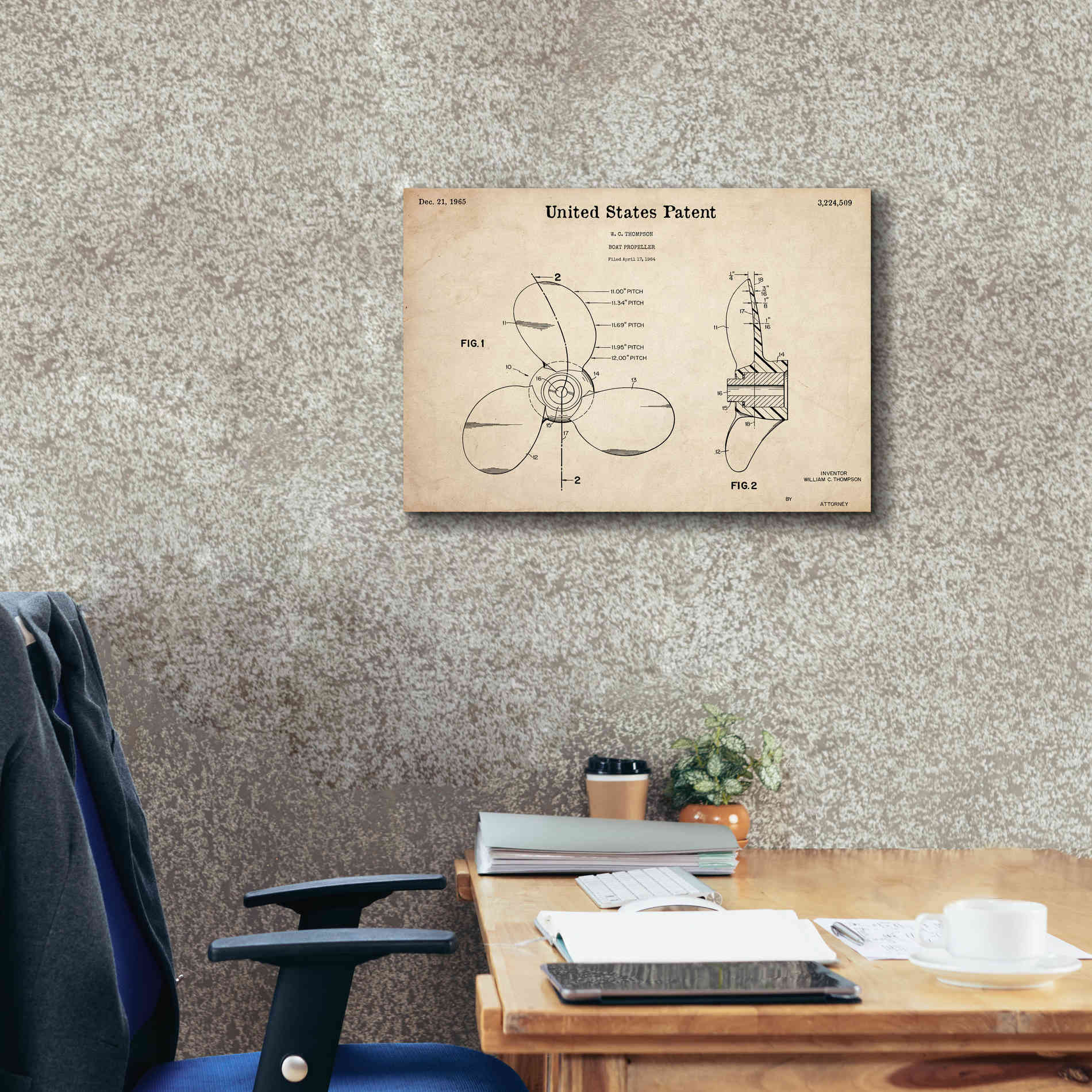 'Boat Propeller Blueprint Patent Parchment,' Canvas Wall Art,26 x 18