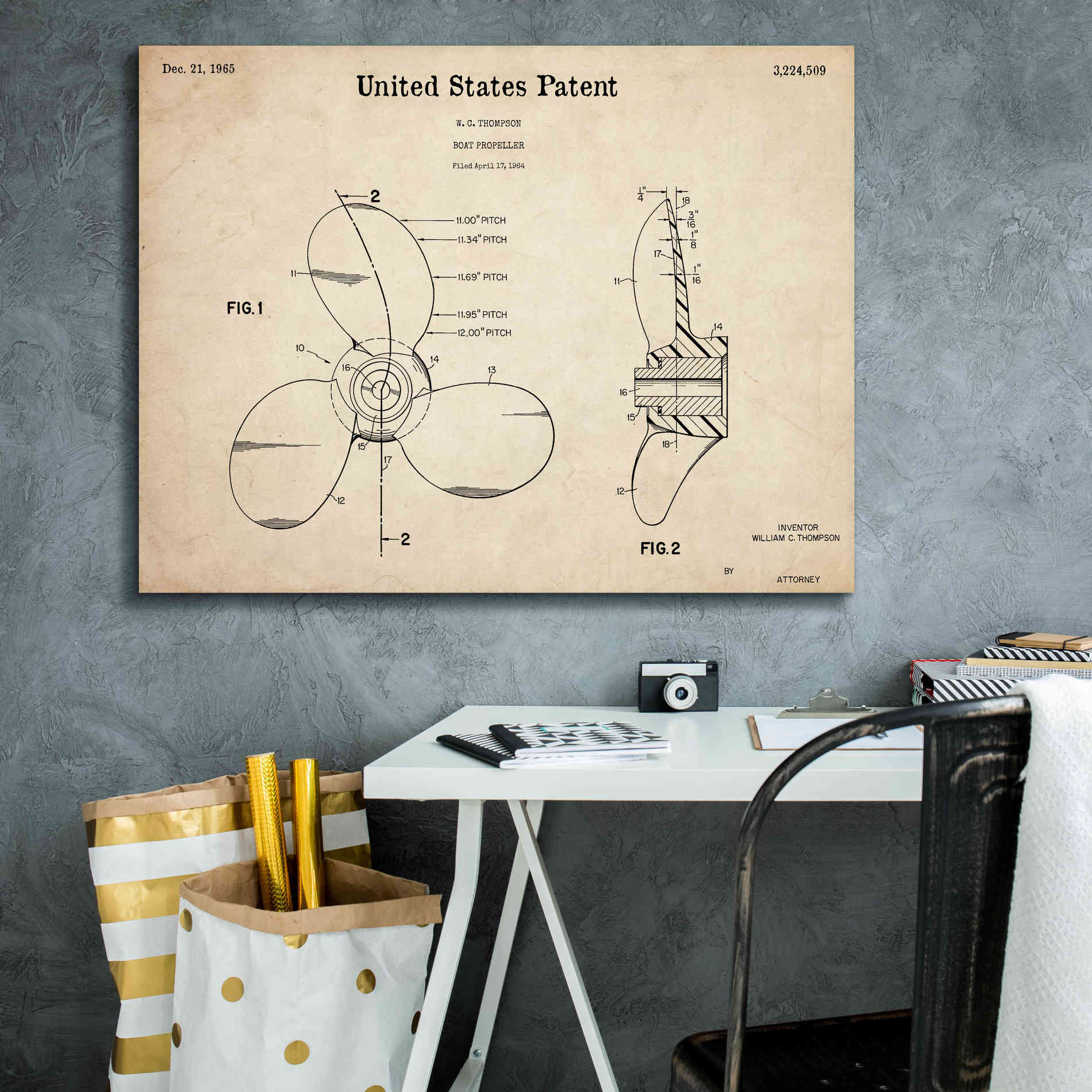 'Boat Propeller Blueprint Patent Parchment,' Canvas Wall Art,34 x 26