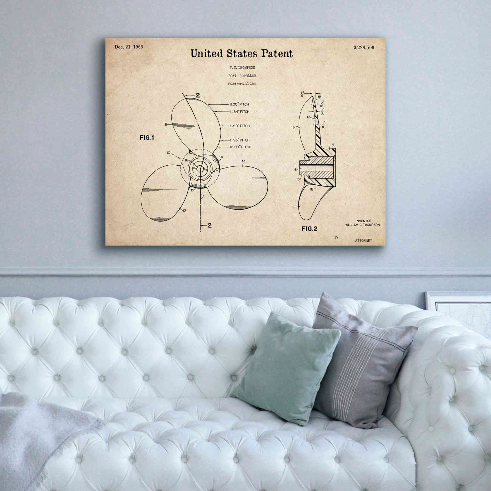 'Boat Propeller Blueprint Patent Parchment,' Canvas Wall Art,54 x 40