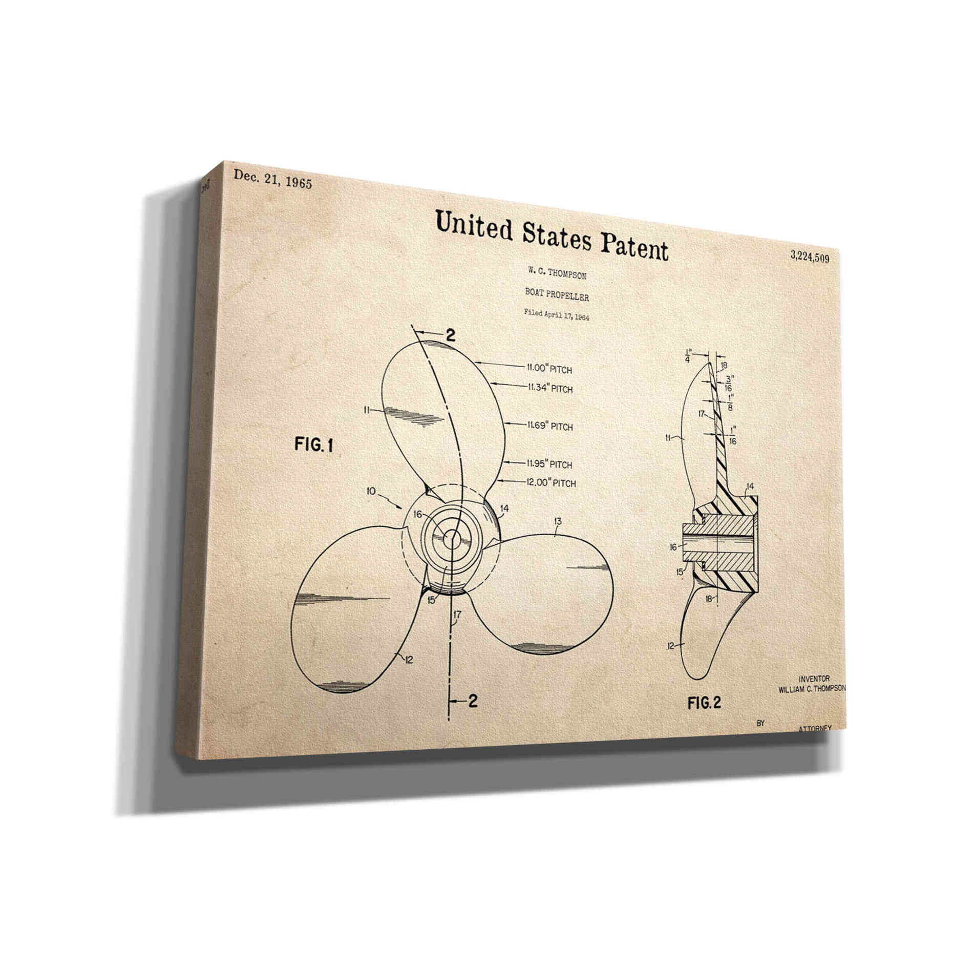 'Boat Propeller Blueprint Patent Parchment,' Canvas Wall Art,16x12x1.1x0,26x18x1.1x0,34x26x1.74x0,54x40x1.74x0