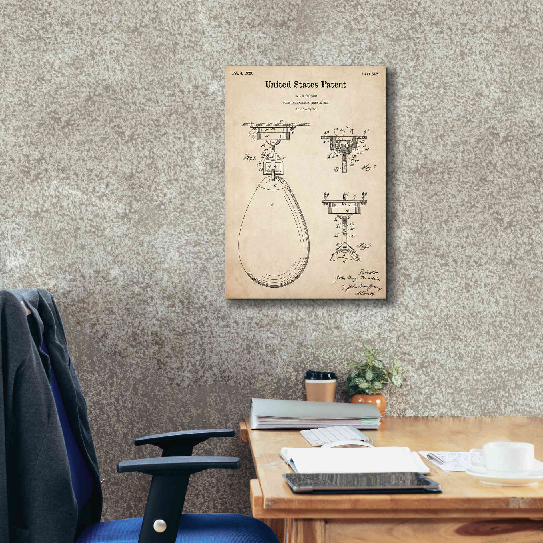 'Boxing Bag Blueprint Patent Parchment,' Canvas Wall Art,18 x 26