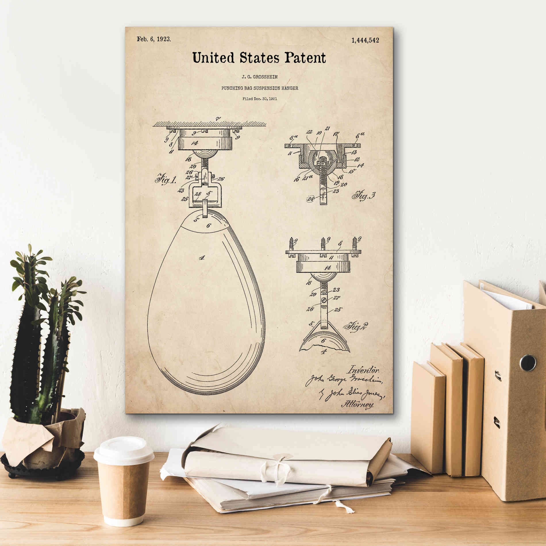 'Boxing Bag Blueprint Patent Parchment,' Canvas Wall Art,18 x 26