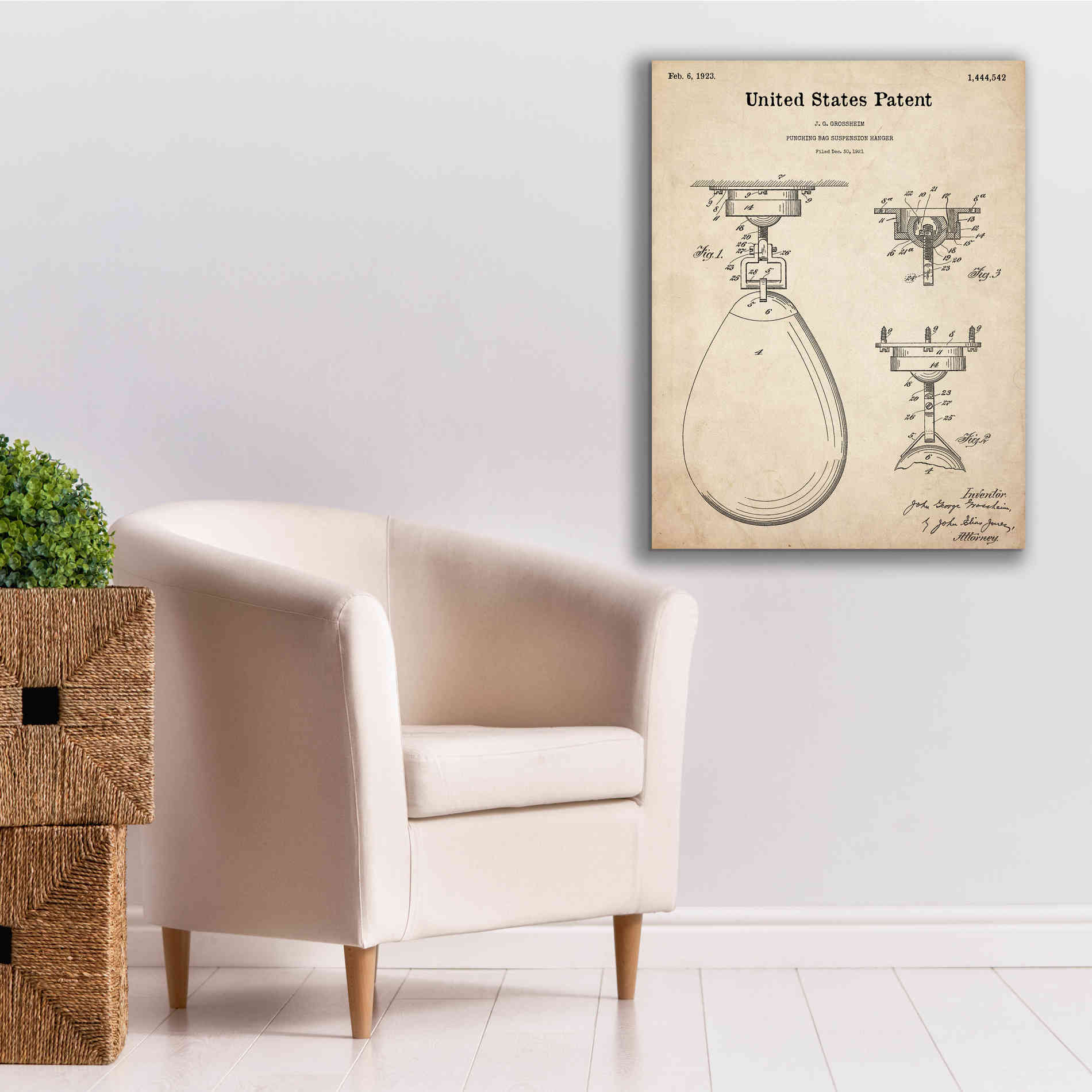 'Boxing Bag Blueprint Patent Parchment,' Canvas Wall Art,26 x 34
