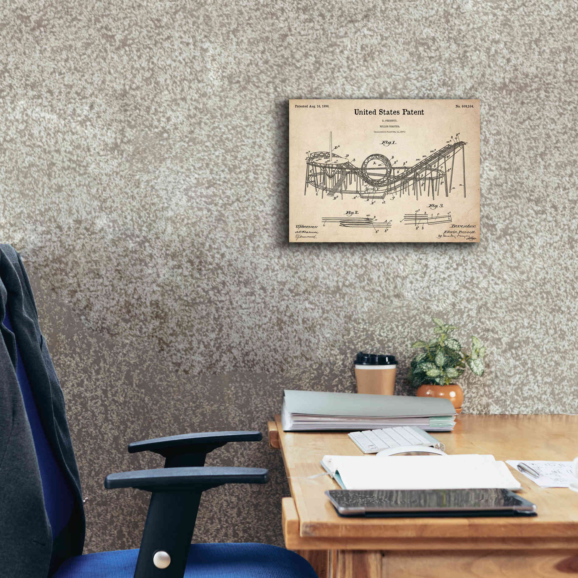 'Roller Coaster Blueprint Patent Parchment,' Canvas Wall Art,16 x 12