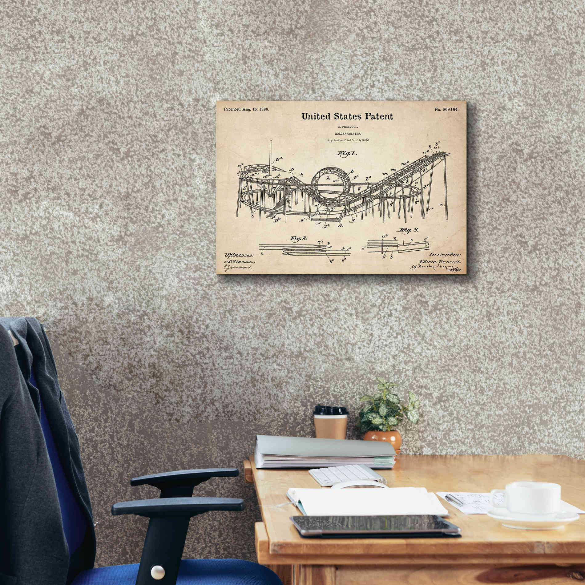'Roller Coaster Blueprint Patent Parchment,' Canvas Wall Art,26 x 18