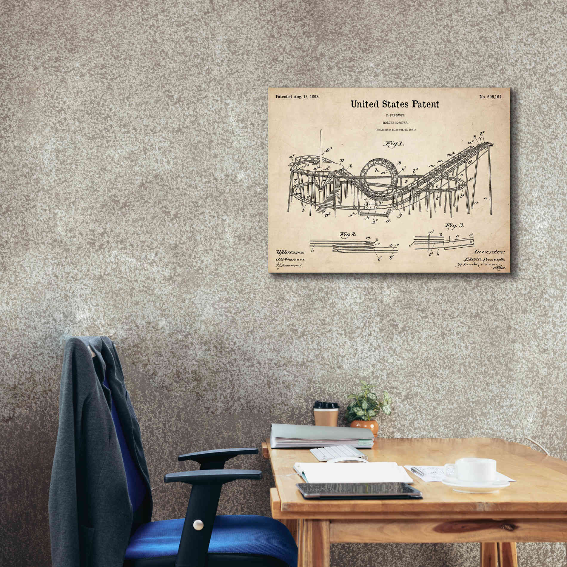 'Roller Coaster Blueprint Patent Parchment,' Canvas Wall Art,34 x 26
