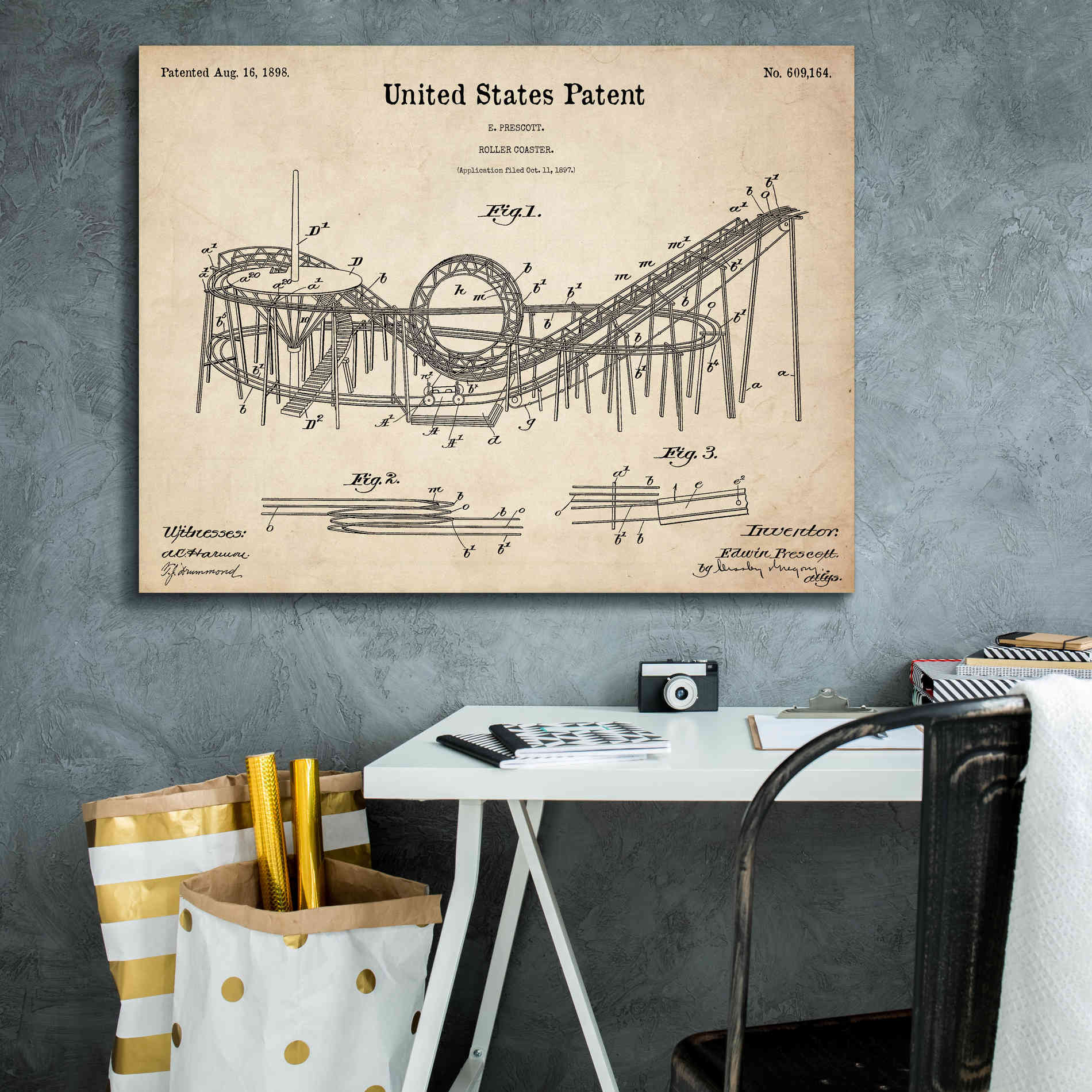 'Roller Coaster Blueprint Patent Parchment,' Canvas Wall Art,34 x 26