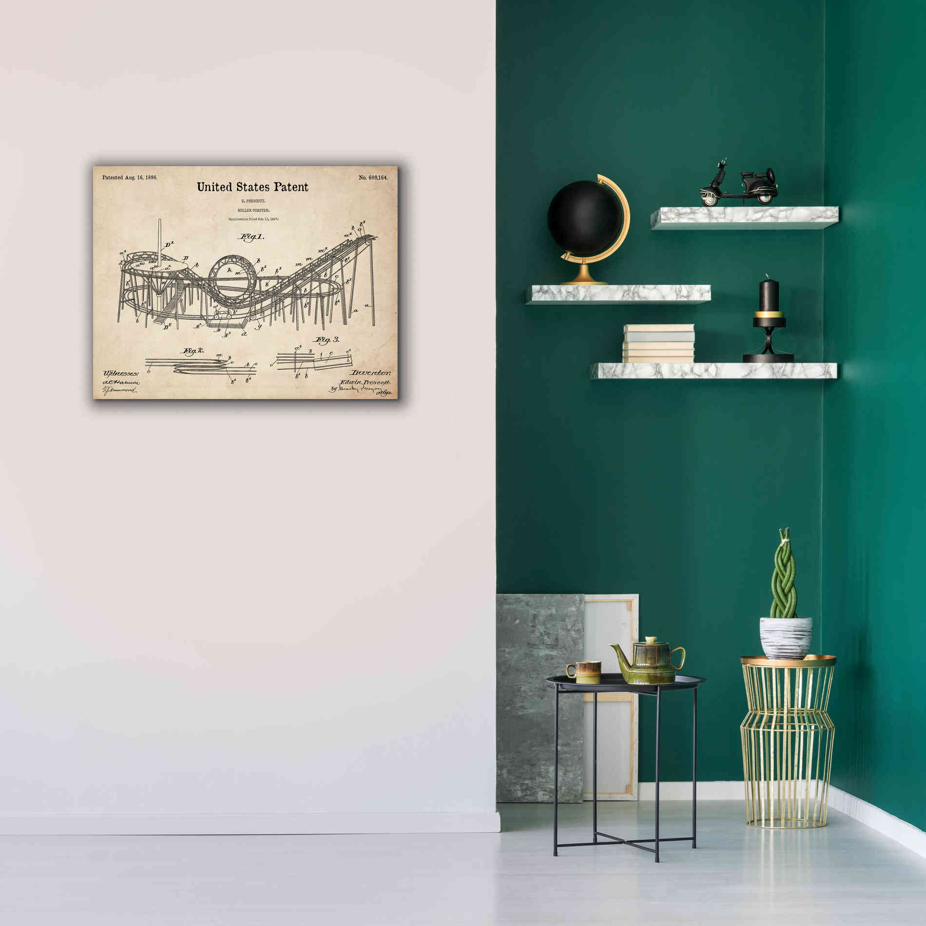 'Roller Coaster Blueprint Patent Parchment,' Canvas Wall Art,34 x 26
