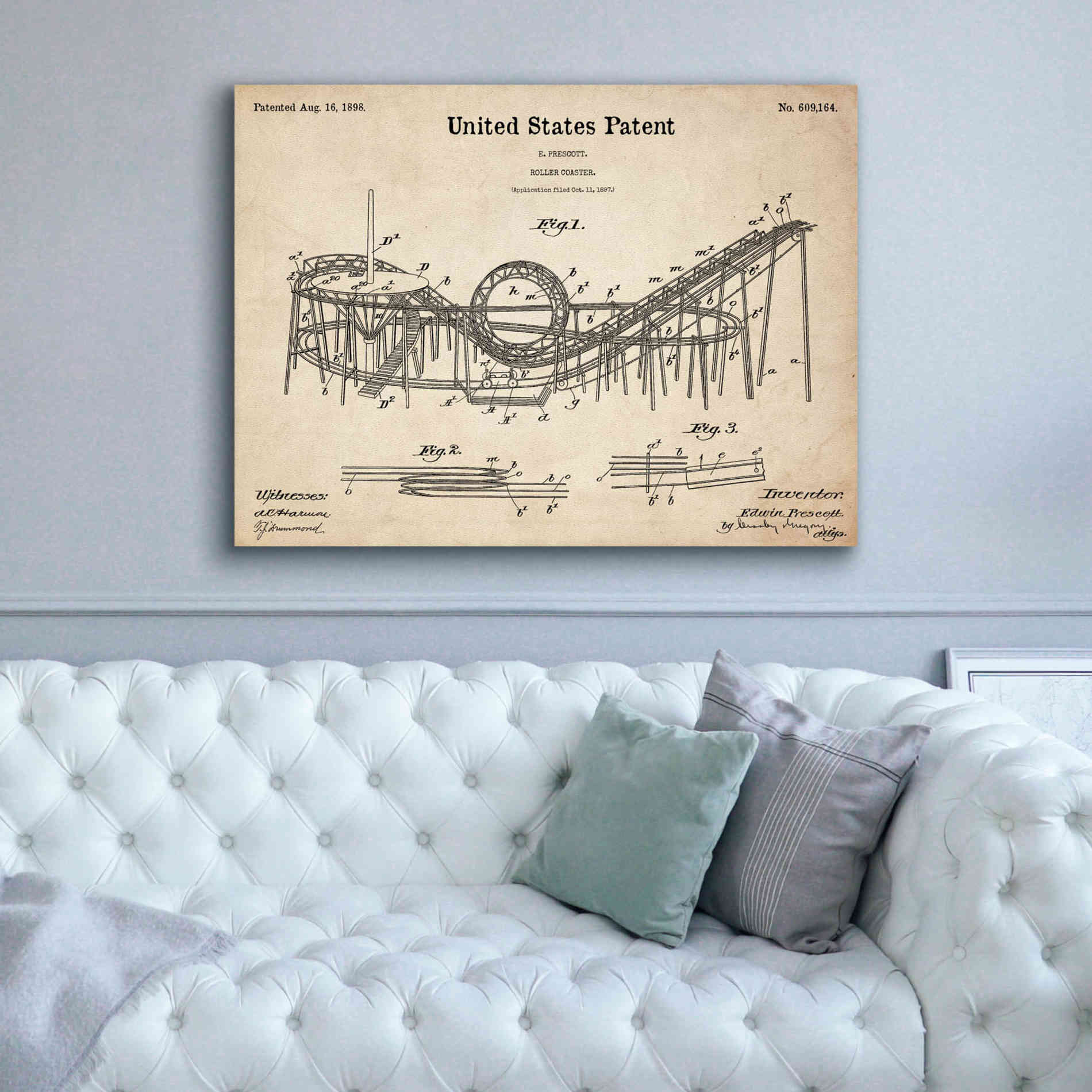 'Roller Coaster Blueprint Patent Parchment,' Canvas Wall Art,54 x 40
