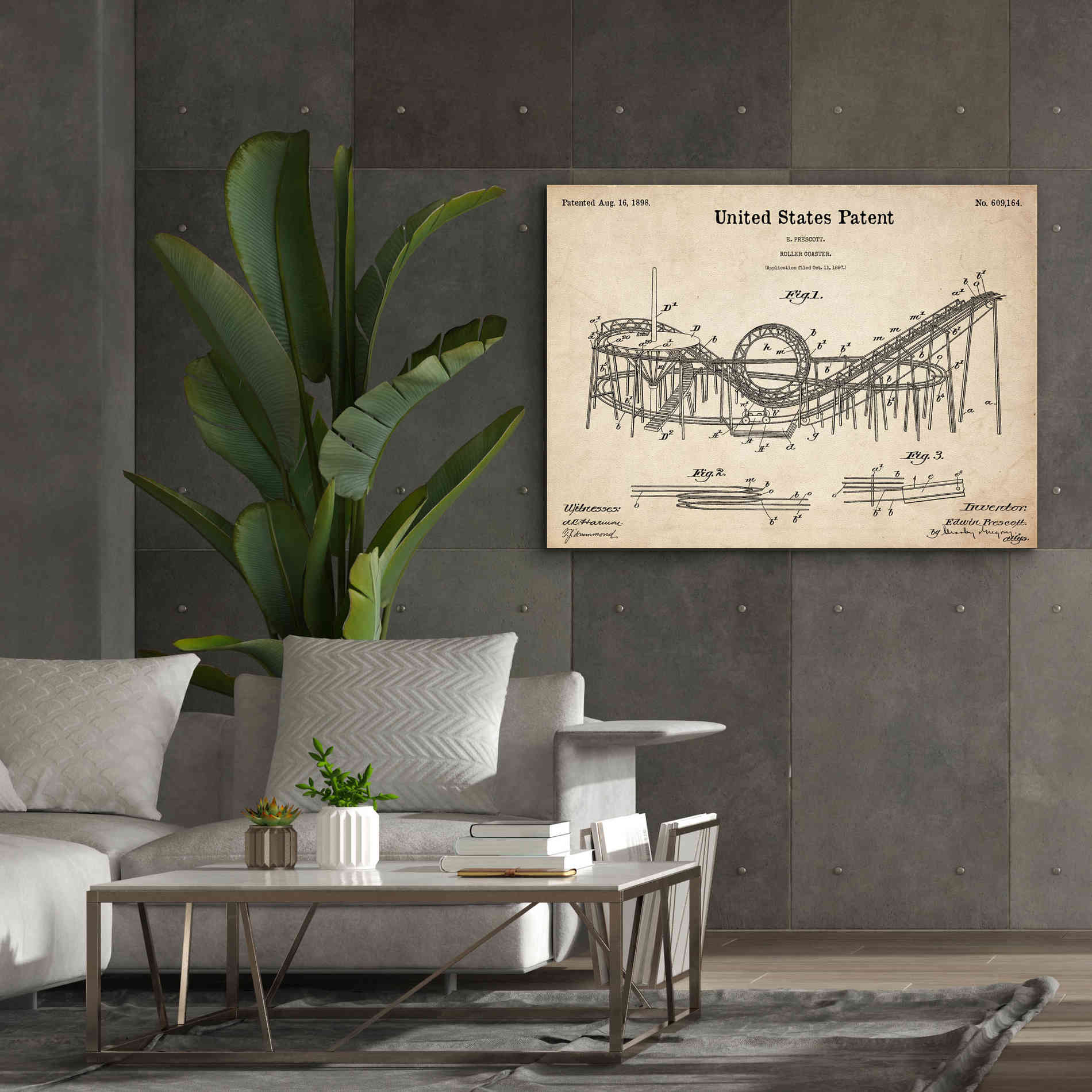'Roller Coaster Blueprint Patent Parchment,' Canvas Wall Art,54 x 40