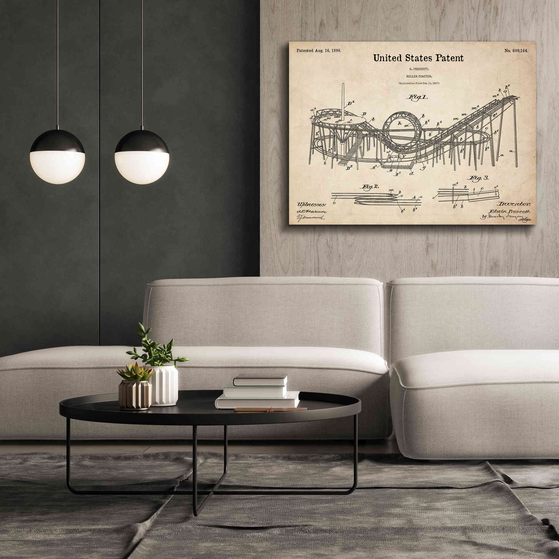 'Roller Coaster Blueprint Patent Parchment,' Canvas Wall Art,54 x 40